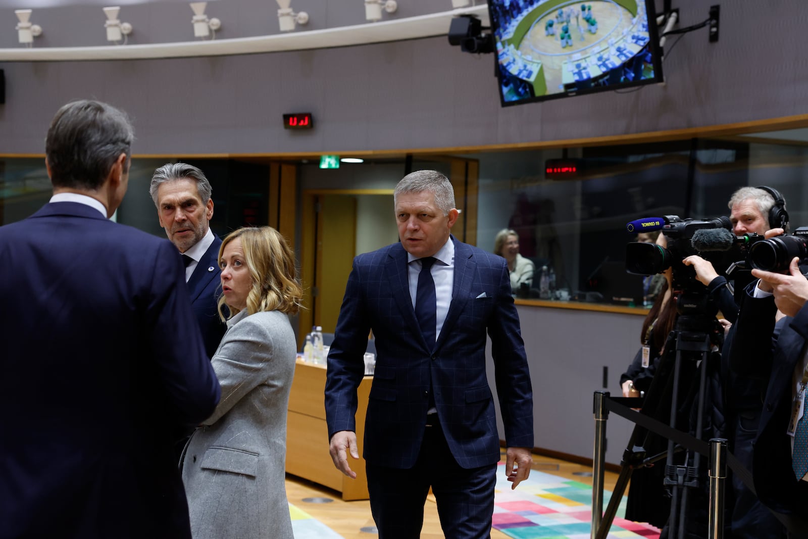 Slovakia's Prime Minister Robert Fico, center, arrives for a round table meeting at an EU summit in Brussels, Thursday, Dec. 19, 2024. (AP Photo/Omar Havana)