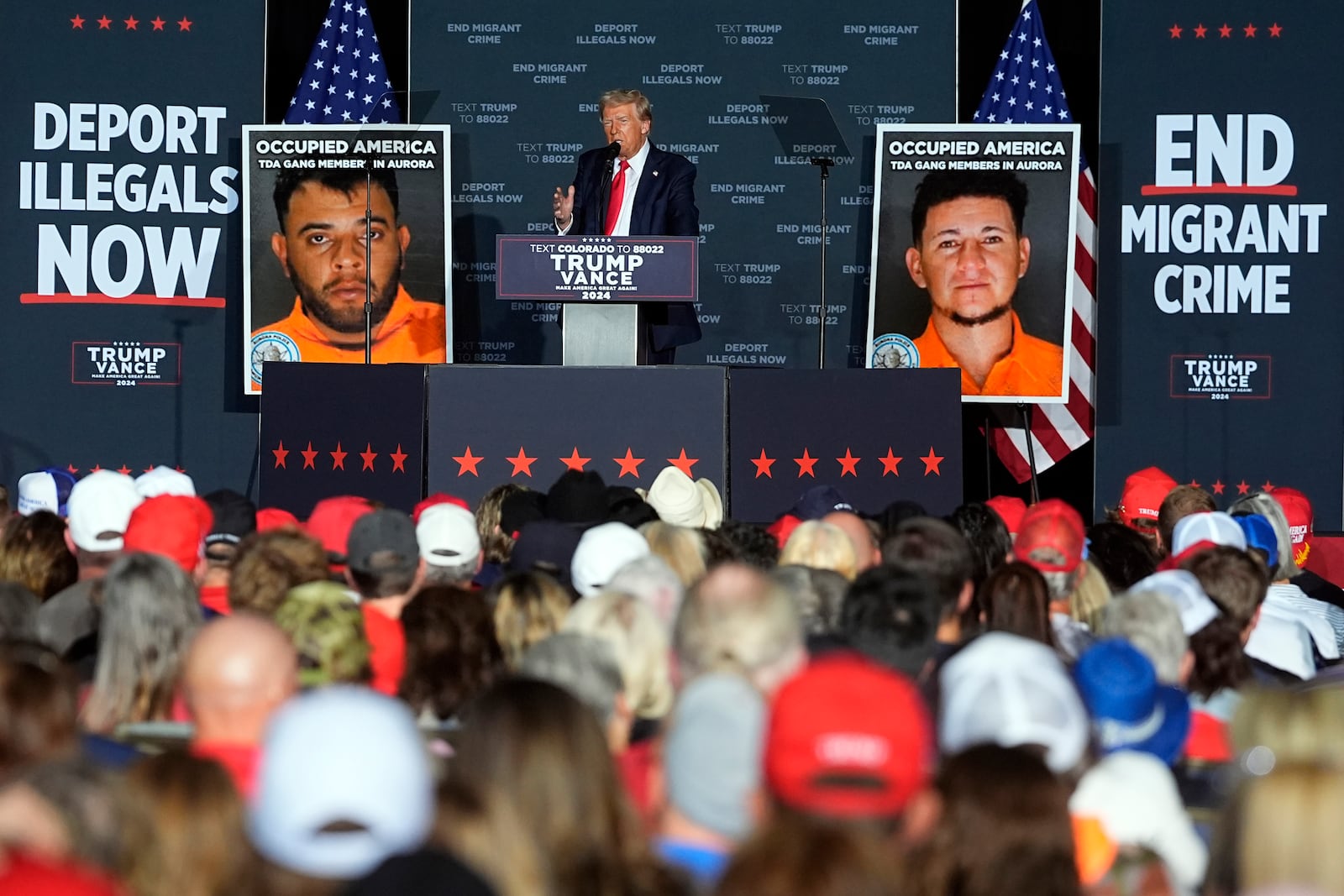 FILE - Republican presidential nominee former President Donald Trump speaks during a campaign rally at the Gaylord Rockies Resort and Convention Center Friday, Oct. 11, 2024, in Aurora, Colo. (AP Photo/David Zalubowski, File)