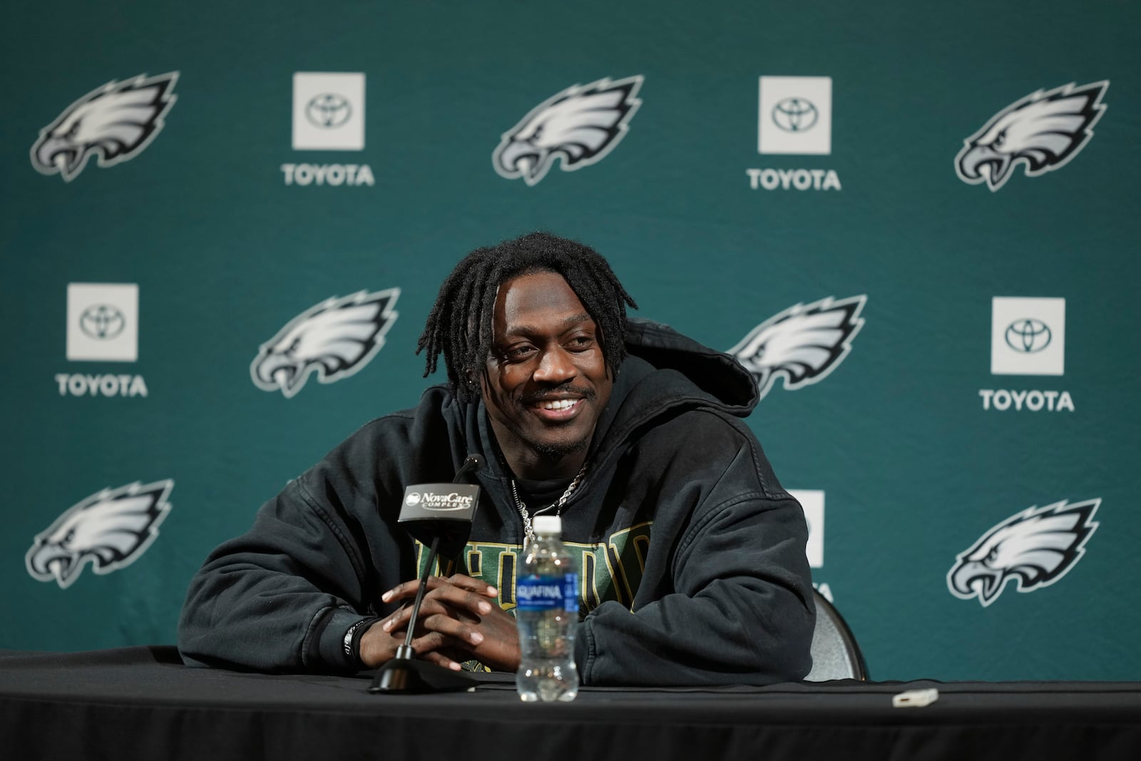 Philadelphia Eagles' A.J. Brown speaks during an NFL football news conference in Philadelphia, Thursday, Jan. 30, 2025, ahead of Super Bowl LIX against the Kansas City Chiefs. (AP Photo/Matt Rourke)