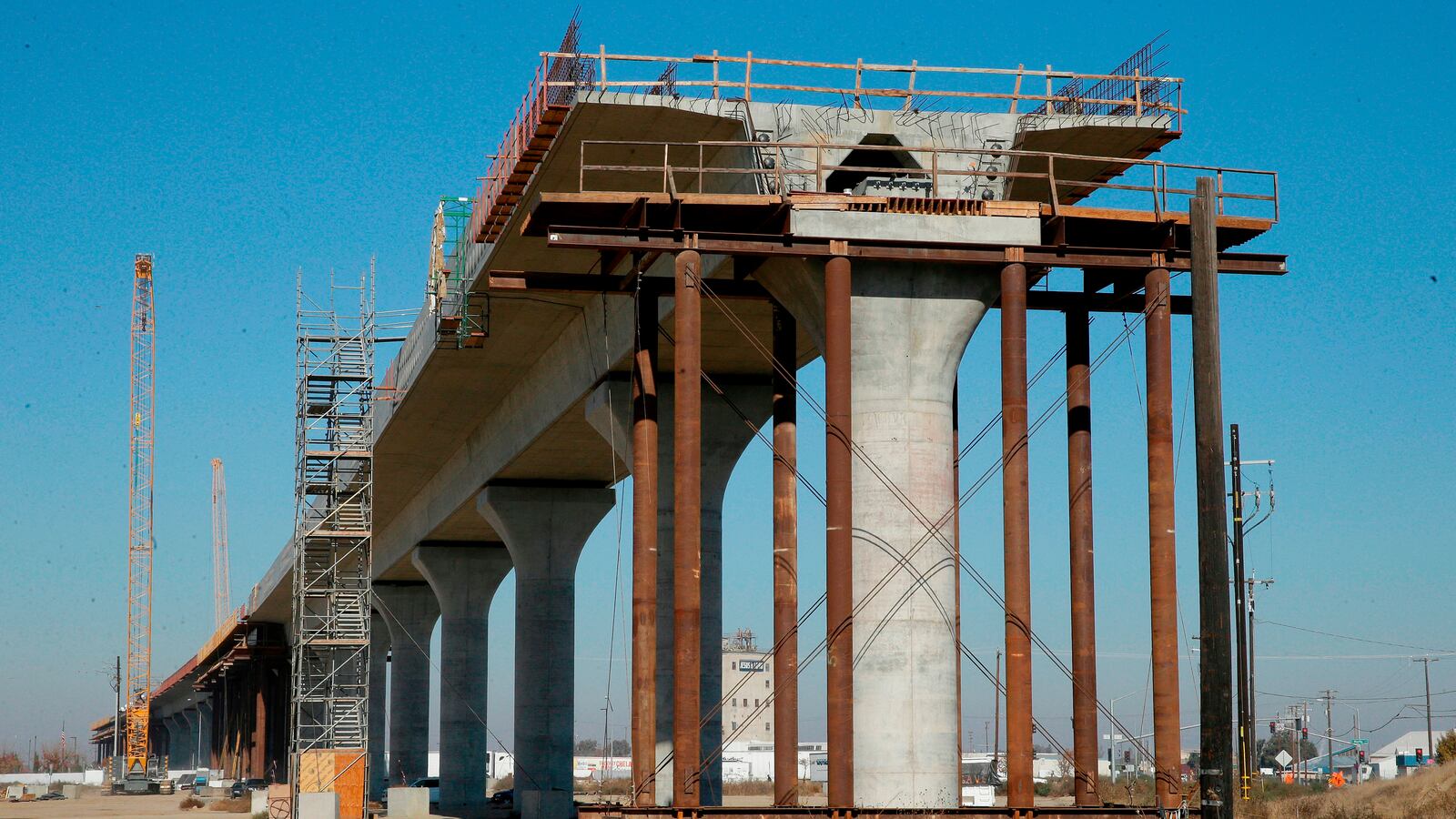 FILE - This Dec. 6, 2017, file photo shows one of the elevated sections of the high-speed rail under construction in Fresno, Calif. (AP Photo/Rich Pedroncelli, File)