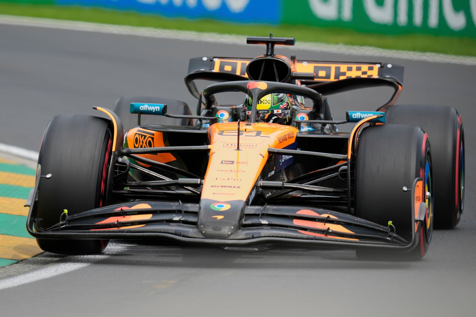 McLaren driver Oscar Piastri of Australia steers his car during the third practice session at the Australian Formula One Grand Prix at Albert Park, in Melbourne, Australia, Saturday, March 15, 2025. (AP Photo/Asanka Brendon Ratnayake)