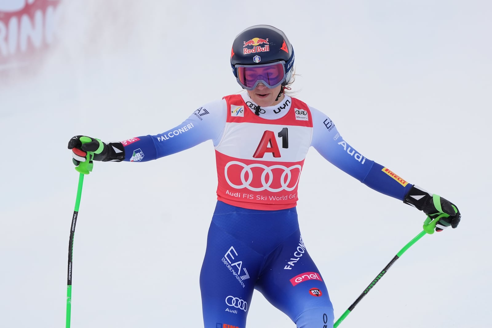 Italy's Sofia Goggia reacts after going out in an alpine ski, women's World Cup super G race, in St. Anton, Austria, Sunday, Jan. 12, 2025. (AP Photo/Giovanni Auletta)