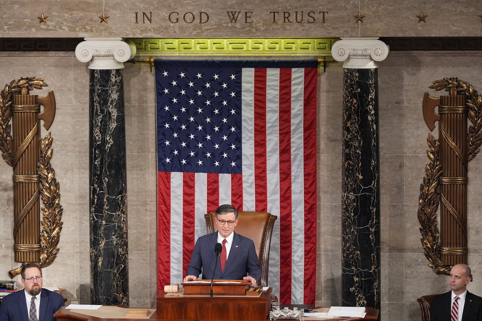 House Speaker Mike Johnson, R-La., speaks after being re-elected as the House of Representatives meets to elect a speaker and convene the new 119th Congress at the Capitol in Washington, Friday, Jan. 3, 2025. (AP Photo/Jacquelyn Martin)