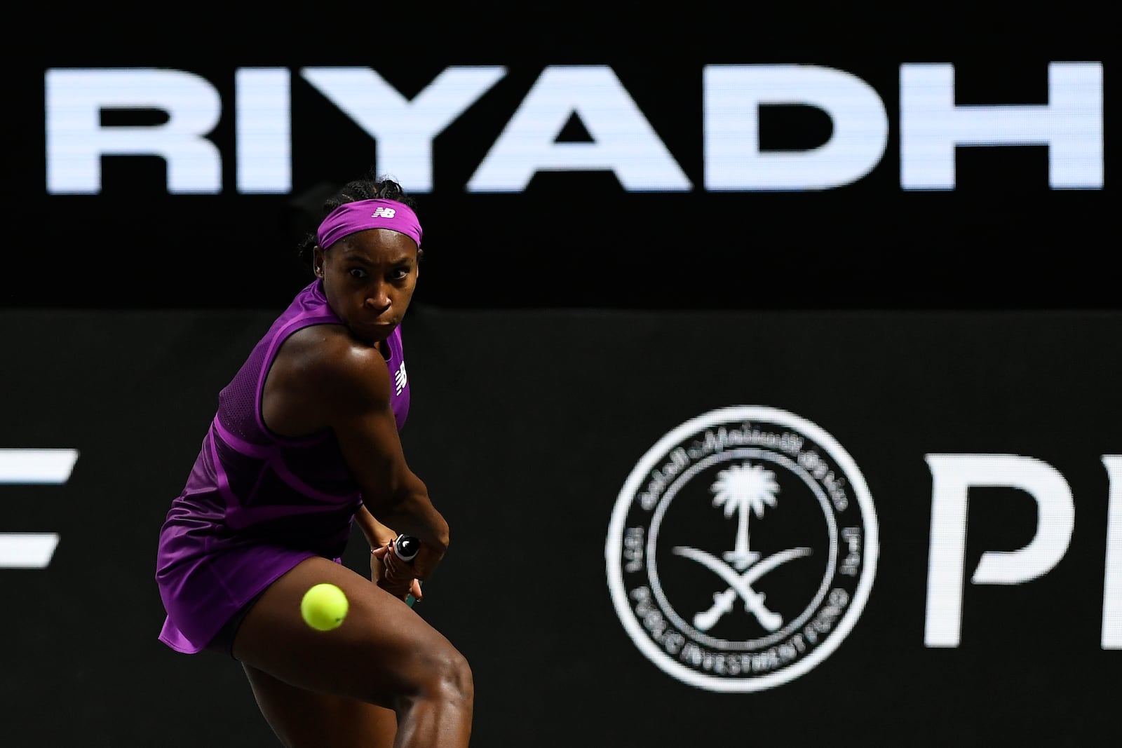 Coco Gauff of the U.S. in action during her women's singles semi final match against Belarus' Aryna Sabalenka at King Saud University Indoor Arena, in Riyadh, Saudi Arabia, Friday, Nov. 8, 2024. (AP Photo)