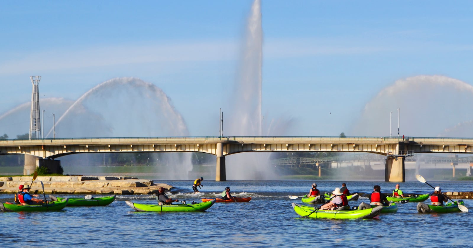 Paddling near the fountains at RiverScape Metropark. CONTRIBUTED