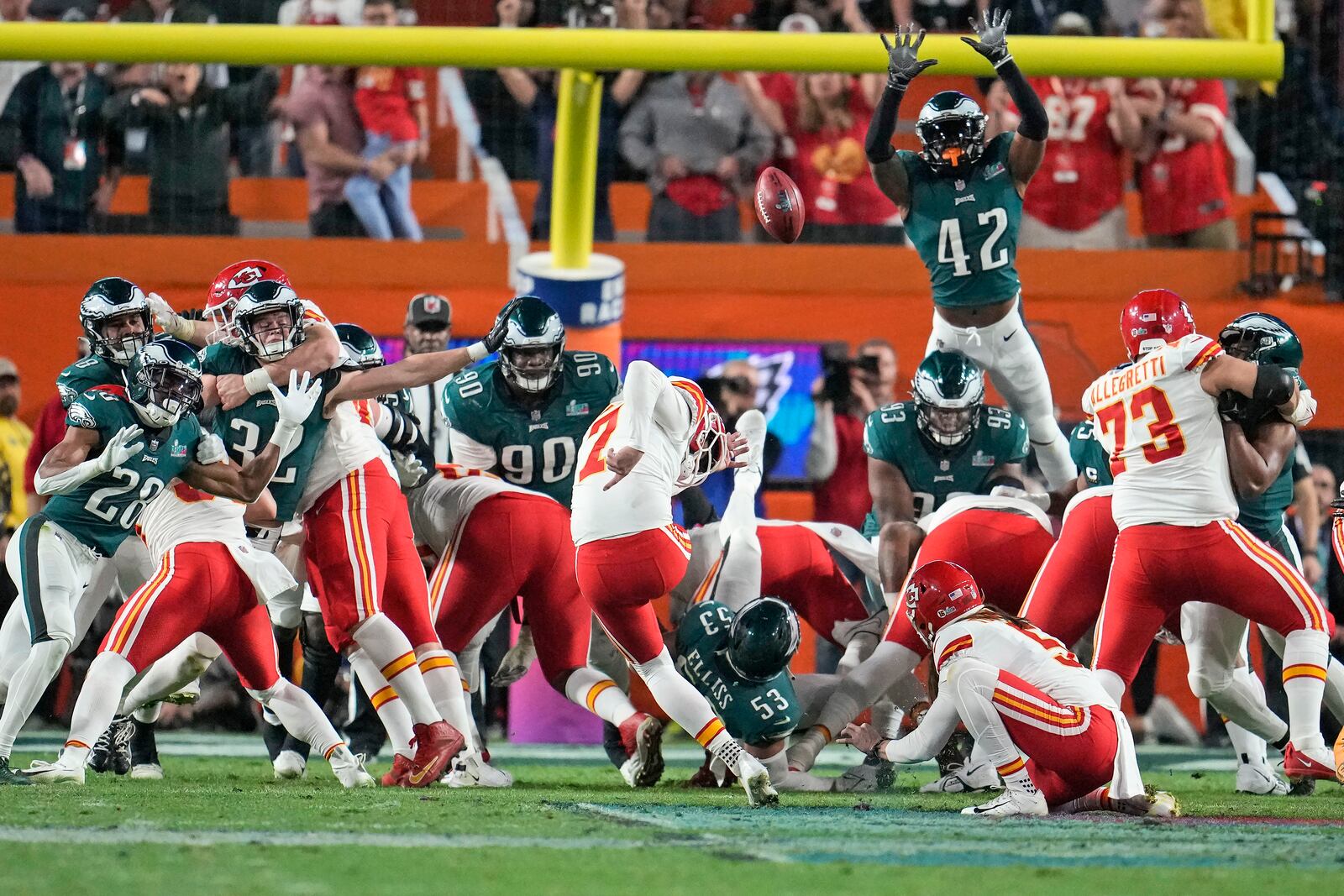 FILE0 Kansas City Chiefs kicker Harrison Butker (7) kicks the game-winning field goal in the second half of the NFL Super Bowl 57 football game against the Philadelphia Eagles, Sunday, Feb. 12, 2023, in Glendale, Ariz. (AP Photo/Marcio J. Sanchez, File)