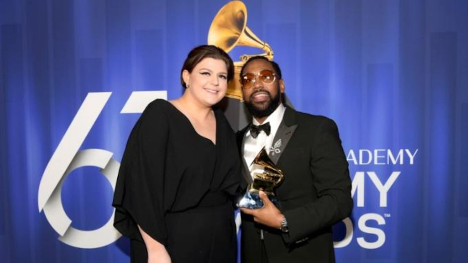 Yebba and PJ Morton pose with their award at the 61st annual Grammy Awards Premiere Ceremony at Microsoft Theater on Feb. 10, 2019, in Los Angeles.