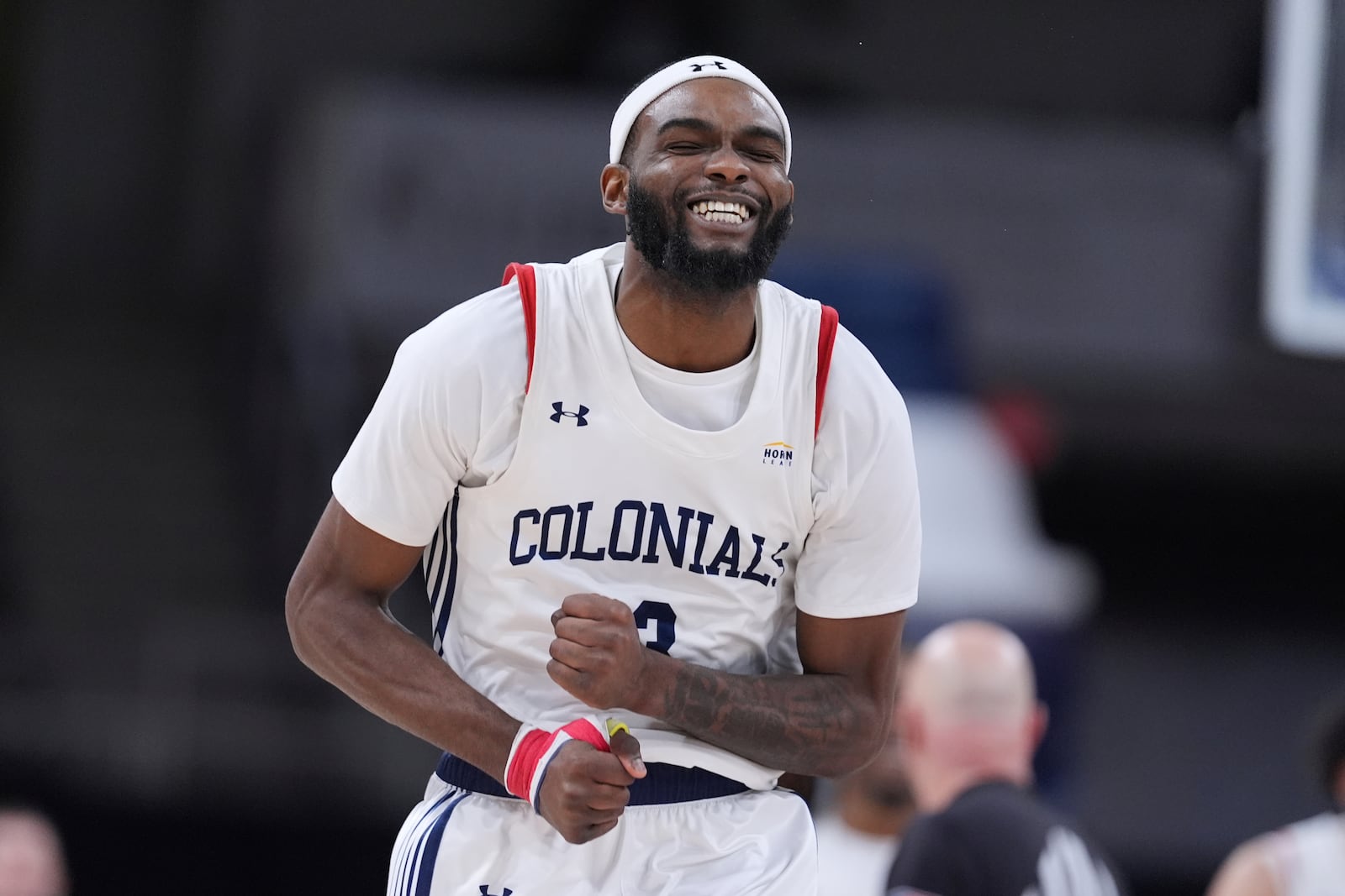 Robert Morris guard Amarion Dickerson (3) celebrates in the second half of an NCAA college basketball game in the championship of the Horizon League tournament against Youngstown State in Indianapolis, Tuesday, March 11, 2025. (AP Photo/Michael Conroy)