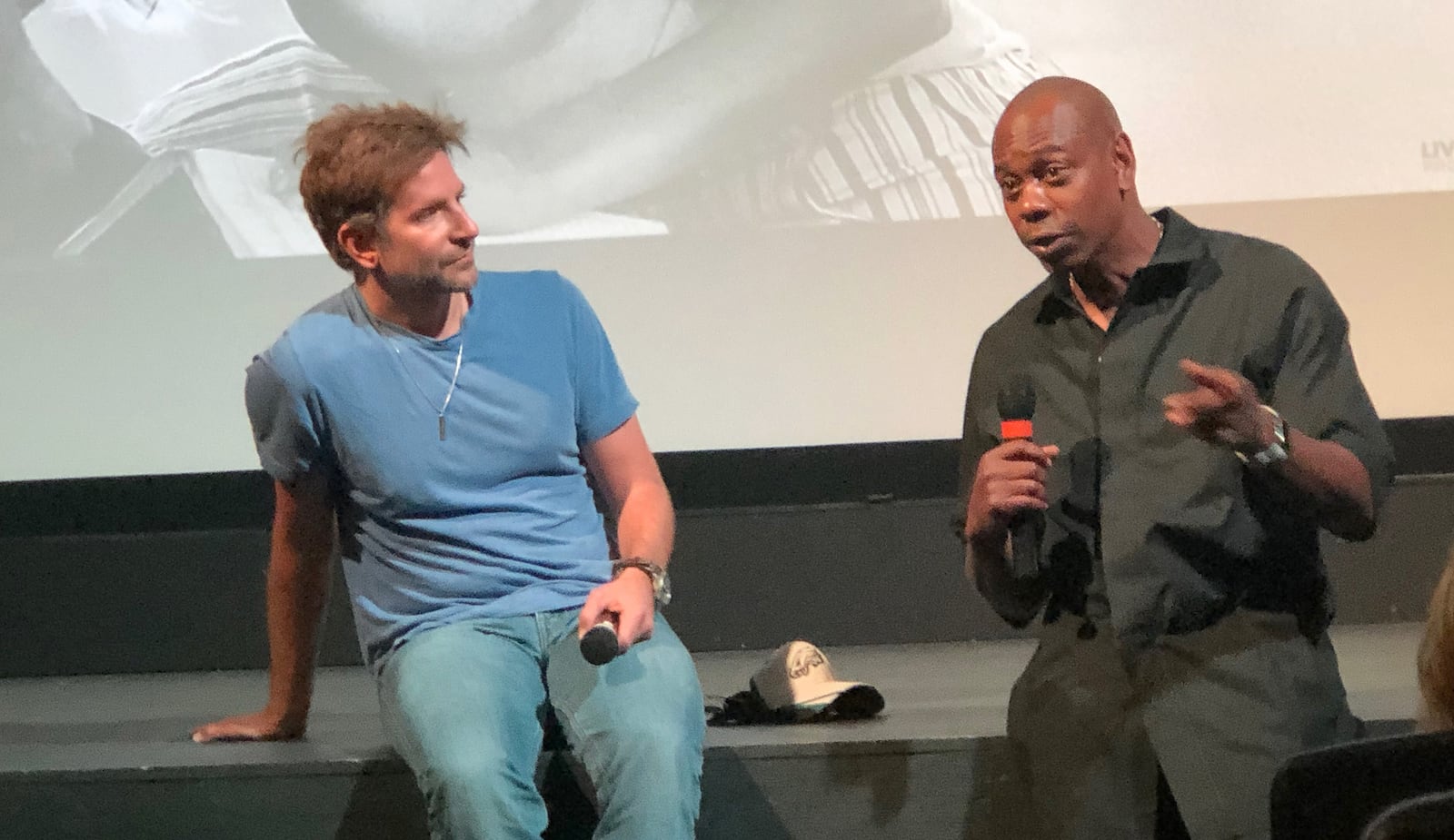 Bradley Cooper and Dave Chappelle spoke at the Little Art Theater in Yellow Springs  after a screening of 'A Star is Born." AMELIA ROBINSON / STAFF