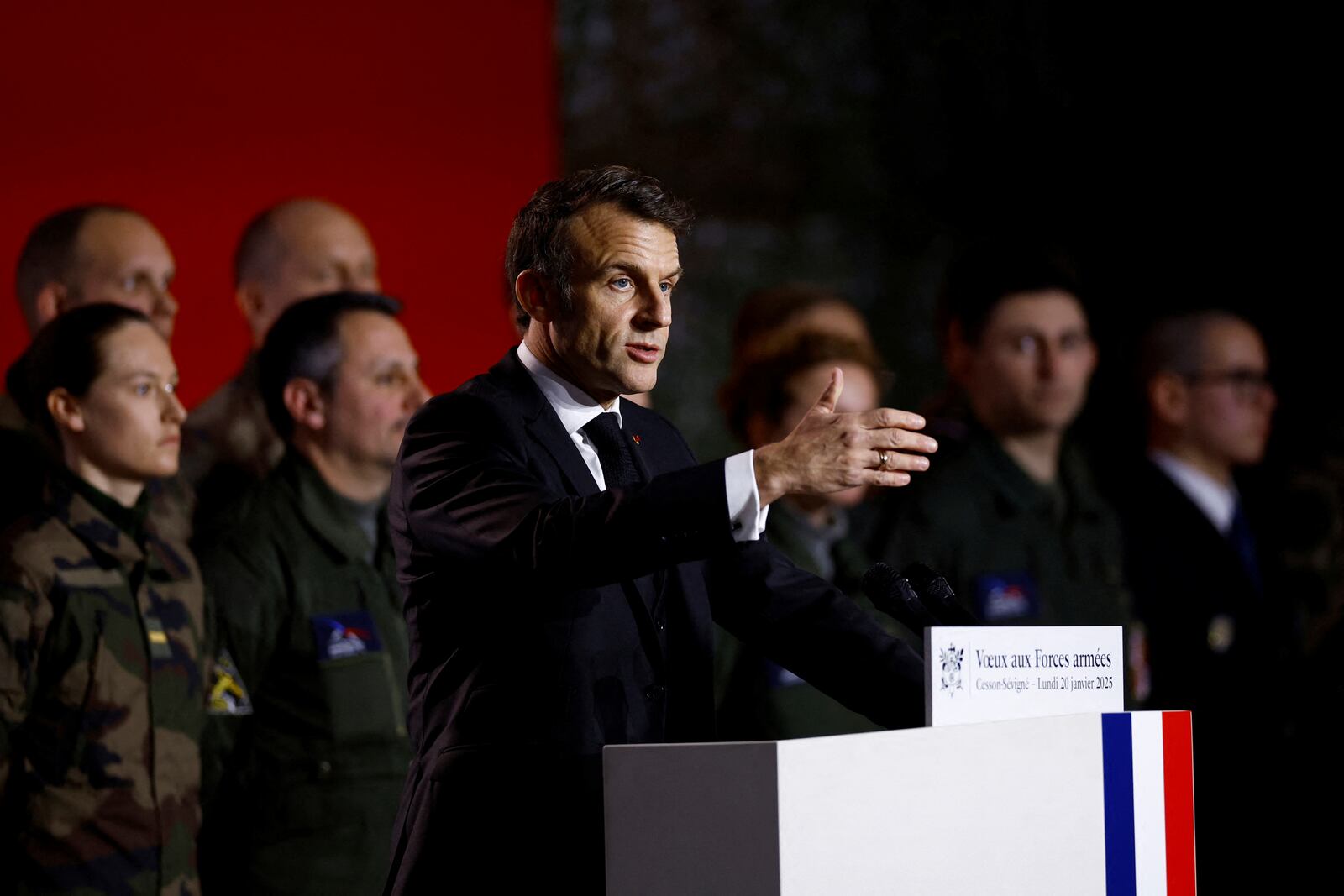 French President Emmanuel Macron delivers his New Year speech to the French Army as he visits at the Digital Support and Cyber Command (CATNC) of the French Army, in Cesson-Sevigne, western France, Monday, Jan. 20, 2025. (Stephane Mahe/Pool via AP)