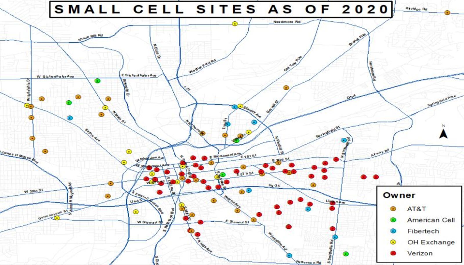 Small cell tower sites in Dayton as of the end of 2020. CONTRIBUTED