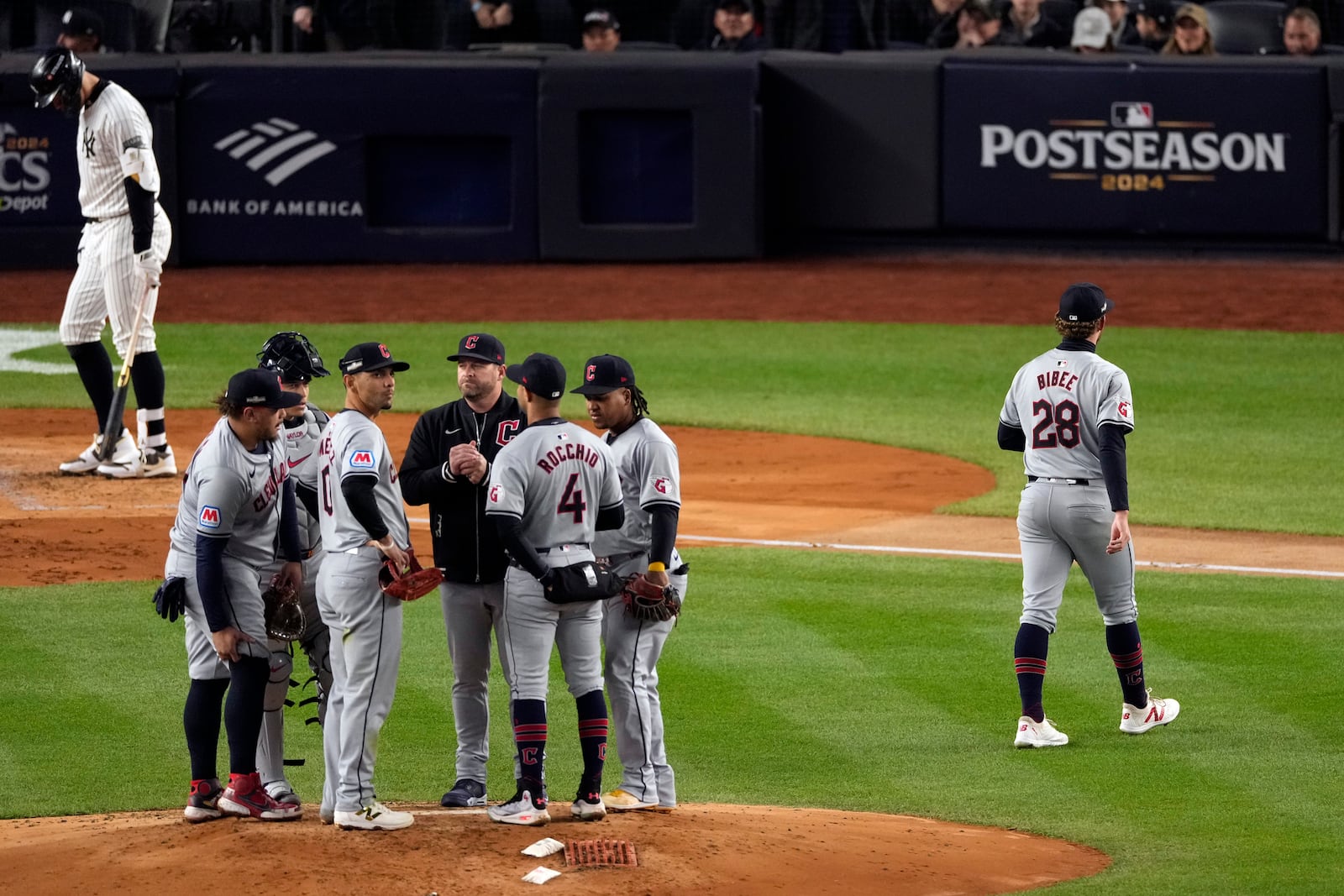 Cleveland Guardians starting pitcher Tanner Bibee (28) walks toward the dugout after being pulled during the second inning in Game 2 of the baseball AL Championship Series against the New York Yankees Tuesday, Oct. 15, 2024, in New York. (AP Photo/Seth Wenig)