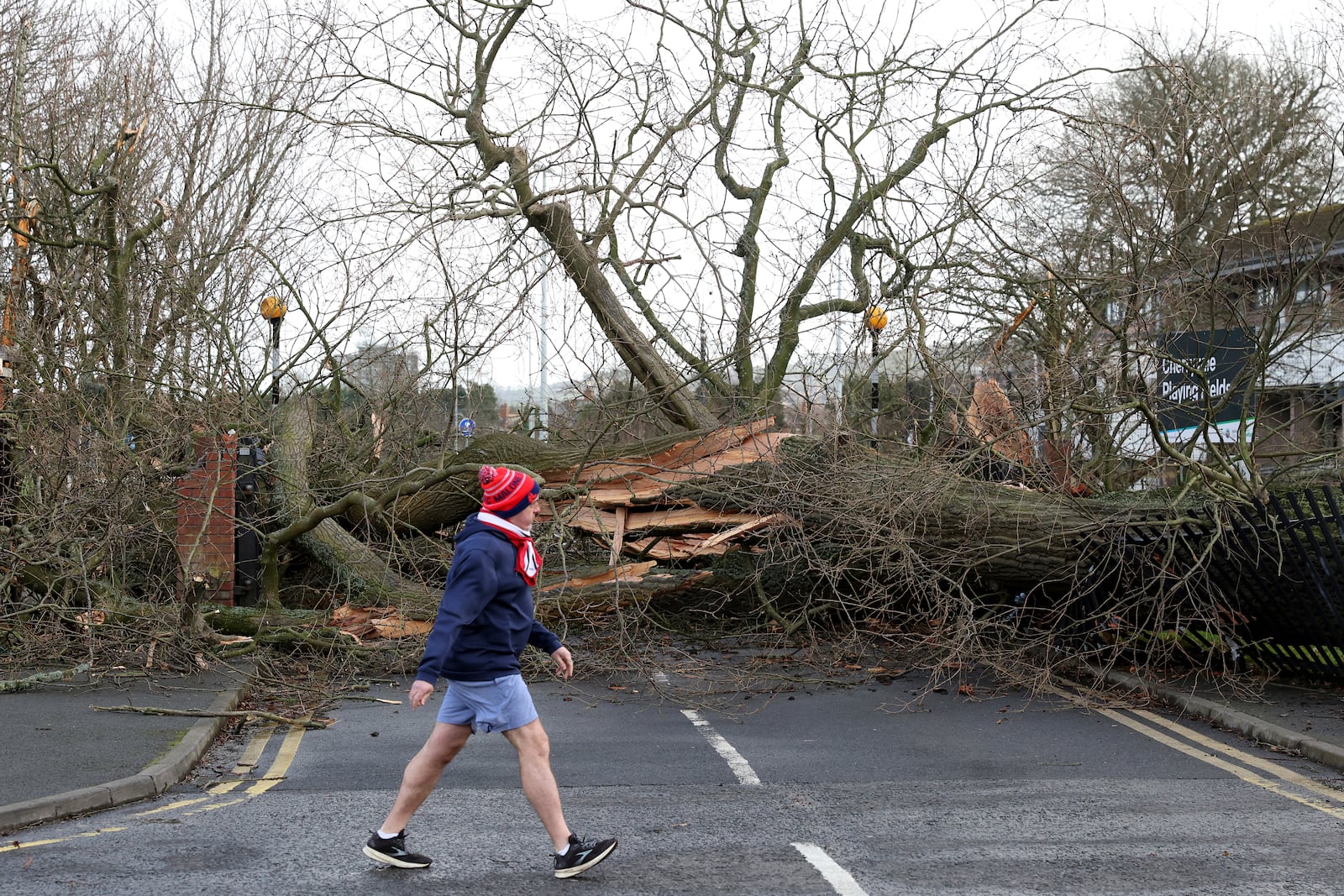 A fallen tree blocks a road during storm Eowyn that hit the country in Belfast, Northern Ireland, Friday, Jan. 24, 2025.(AP Photo)