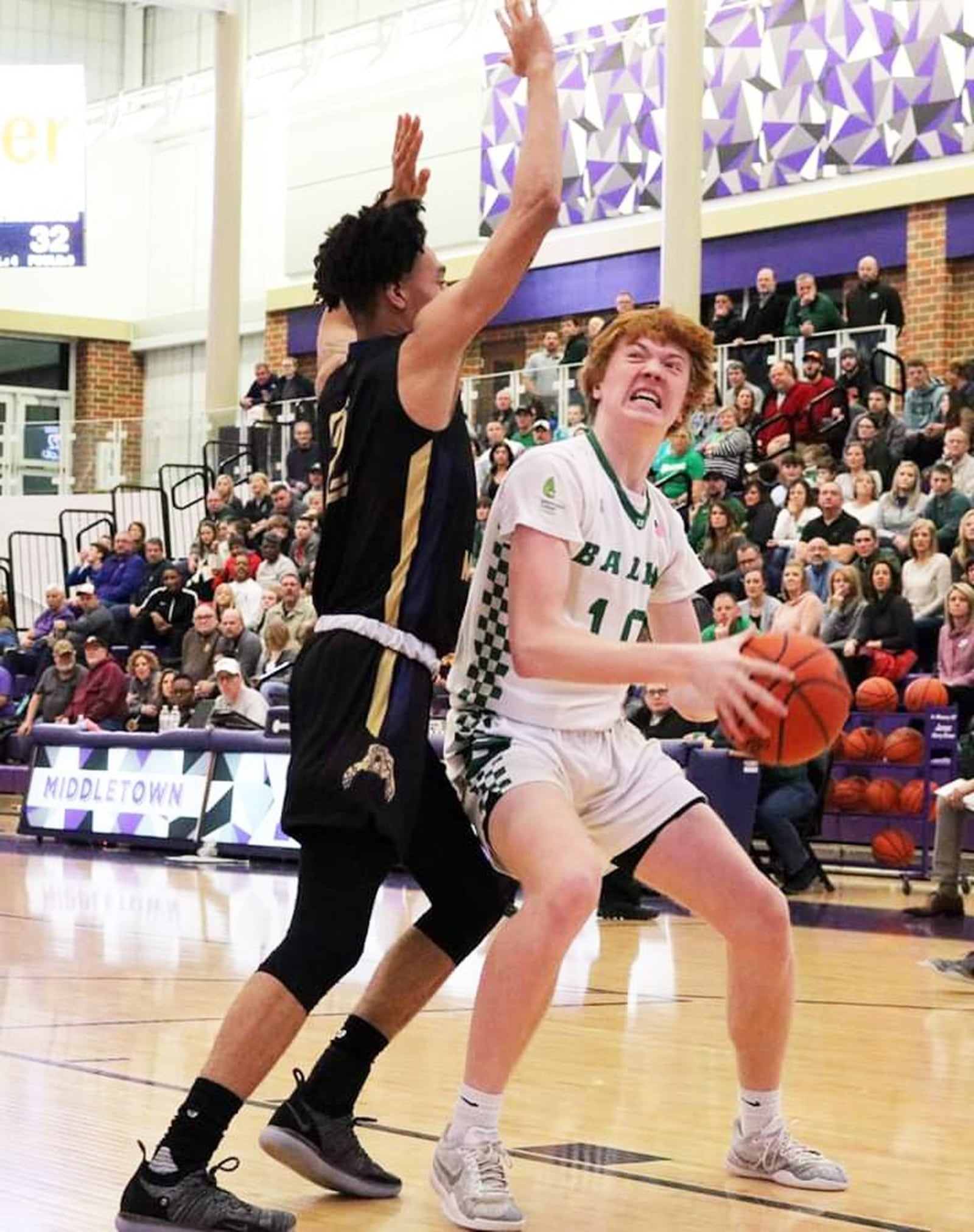 Badin’s Zach Switzer (10) eyes the basket during Saturday night’s 67-53 loss to Thurgood Marshall in a Division II district semifinal basketball game at Middletown’s Wade E. Miller Arena. CONTRIBUTED PHOTO BY TERRI ADAMS