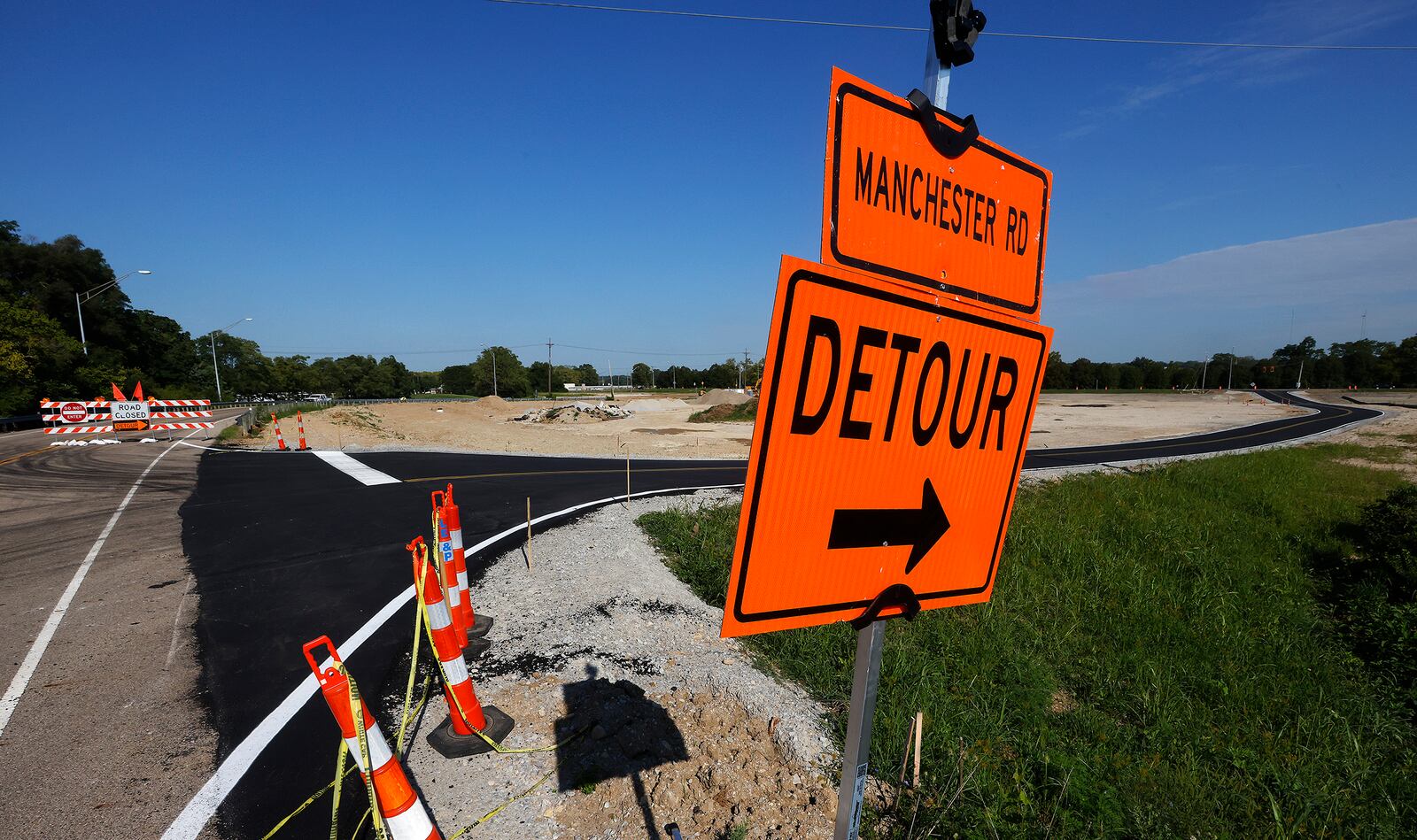 Manchester Road at E. Dixie Drive is closed in West Carrollton. Manchester Road traffic is being routed onto a temporary roadway through the old Roberds site. MARSHALL GORBY\STAFF