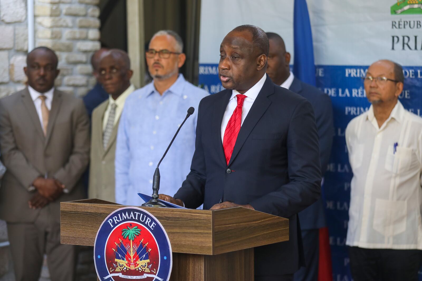 Mario Andresol gives a speech during his inauguration as Haiti's new secretary of state for public security in Port-au-Prince, Haiti, Tuesday, Jan. 14, 2025. (AP Photo/Odelyn Joseph)