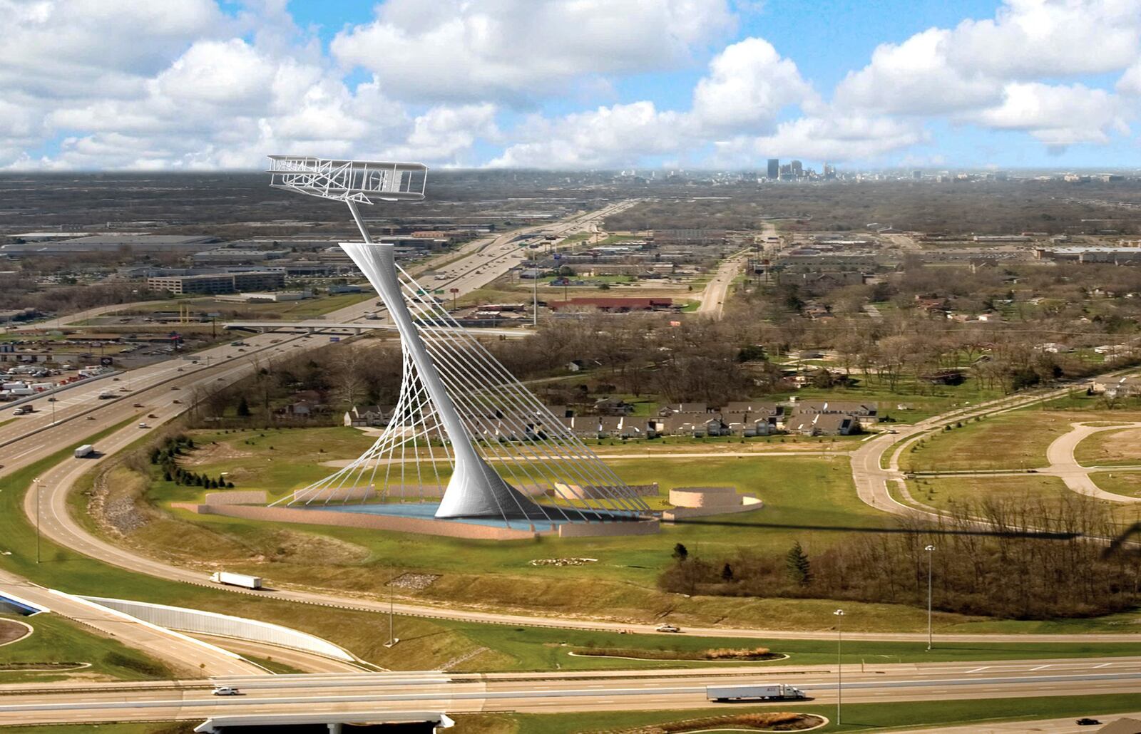 An artist rendering of the proposed Triumph of Flight monument that the Wright Image Group would like to building at the southwest quadrant of interstates 70 and 75 in Butler Township. Project organizers would like to build an Ohio Aviation Hall of Fame at the base of the monument. CONTRIBUTED PHOTO BY WRIGHT IMAGE GROUP