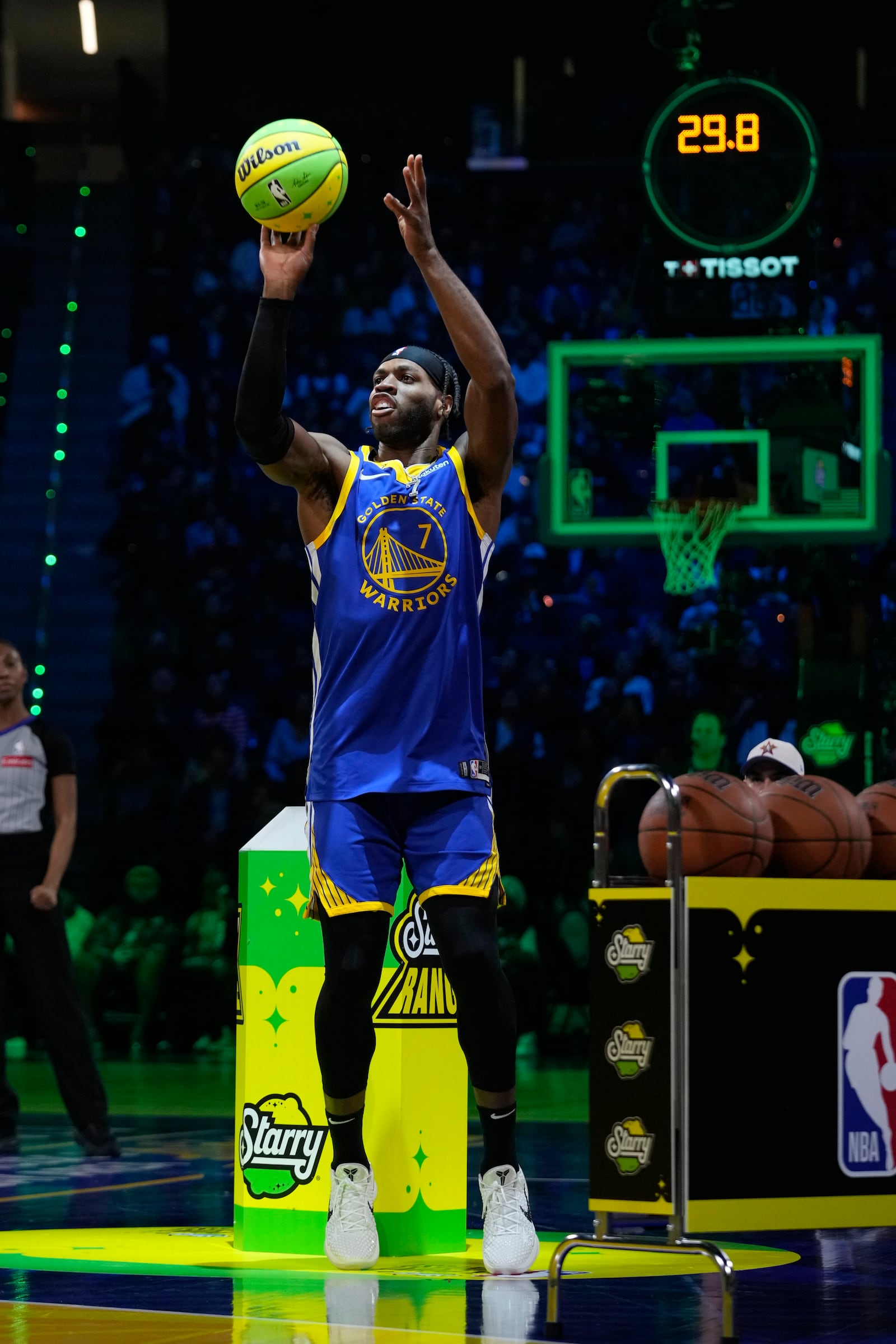 Golden State Warriors guard Buddy Hield shoots during the 3-point contest at the NBA basketball All-Star Saturday night festivities Saturday, Feb. 15, 2025, in San Francisco. (AP Photo/Godofredo A. Vásquez)