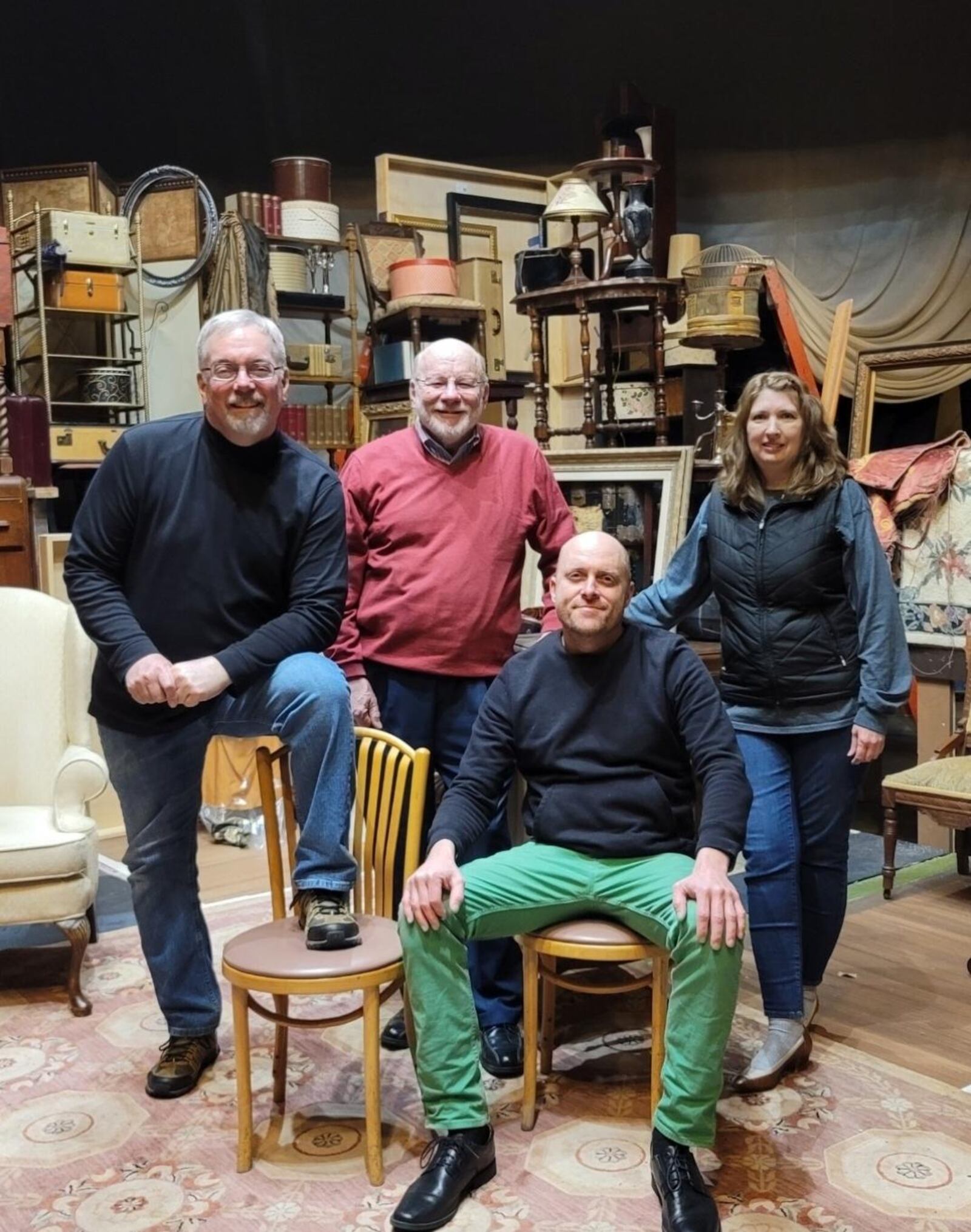 (left to right) Ted Eltzroth (Walter Franz), David Williamson (Gregory Solomon), Brendan Sheehan (Victor Franz) and Wendi Michael (Esther Franz) in rehearsal for Dayton Theatre Guild's production of "The Price." PHOTO COURTESY OF DAYTON THEATRE GUILD