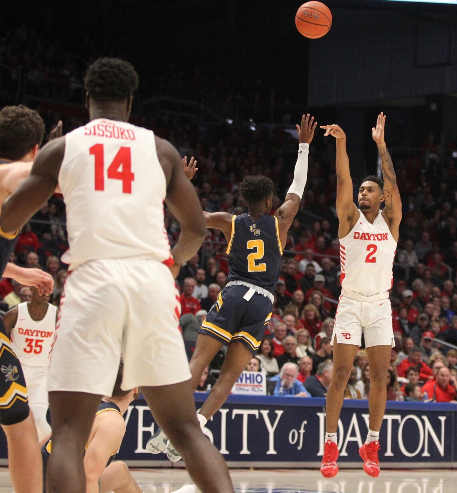 Dayton’s Ibi Watson makes a 3-pointer against Cedarville on Saturday, Nov. 2, 2019, at UD Arena. David Jablonski/Staff