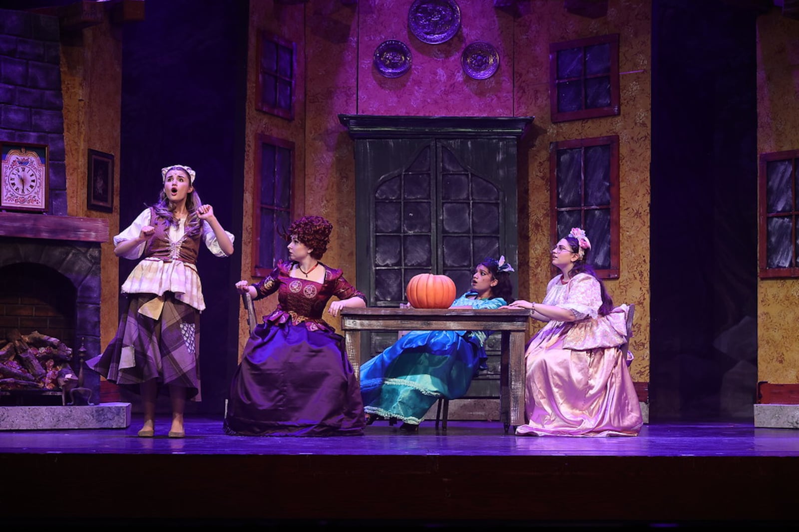 In Centerville High School's production of "Rodgers and Hammerstein's Cinderella," Cinderella (Amanda Kingrey) and her stepfamily (Emma Fry, Isha Atiq, and Rachel Mifflin) imagine "A Lovely Night" at the palace. PHOTO BY BARRY L. BURTENSHAW