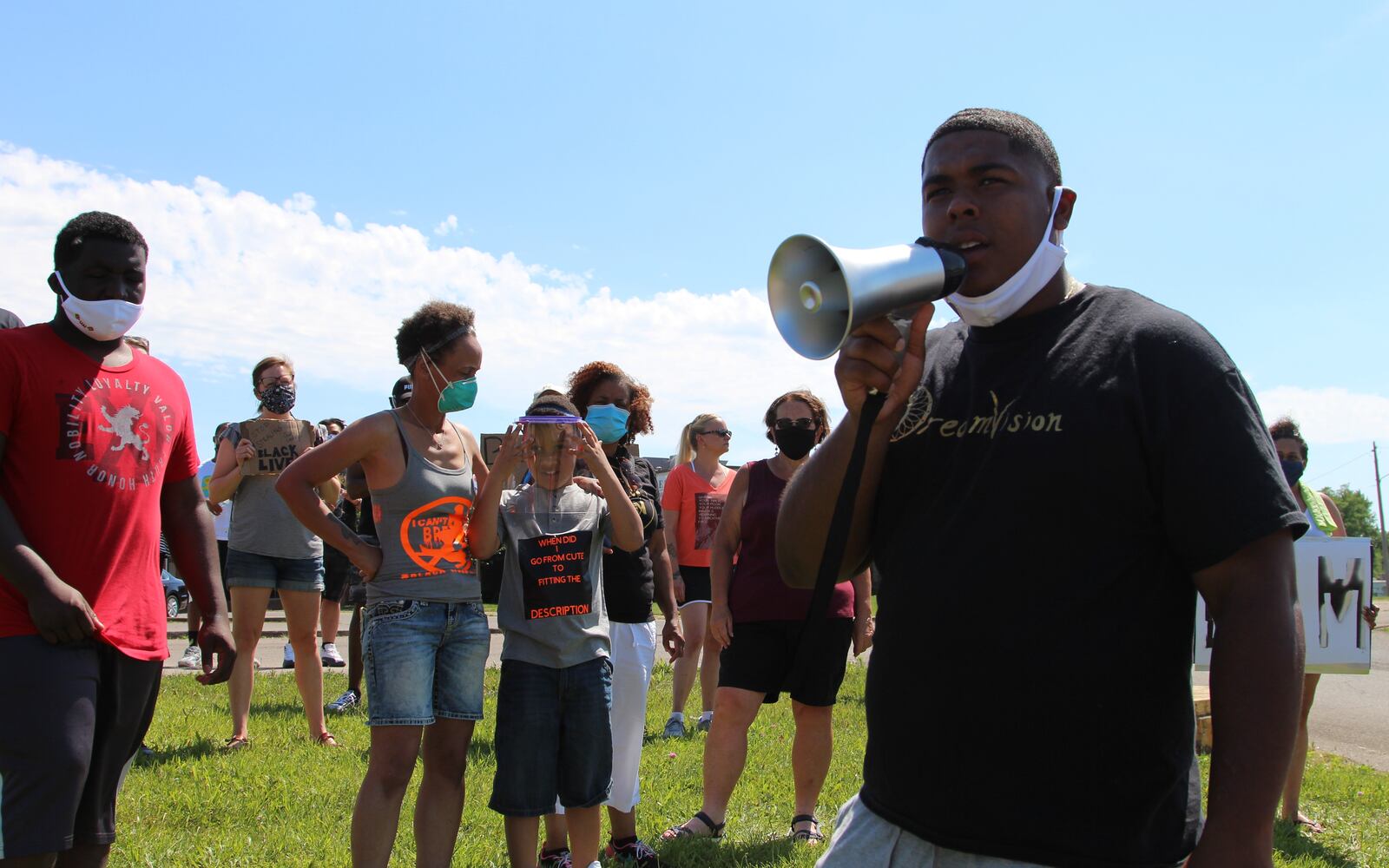 Dorian Hunter addresses a crowd gathered last year at the Southern Village Shopping Center in Springfield to speak out against police brutality while advocating for racial equality. He took part in a discussion about equitable development in the south side of Springfield.