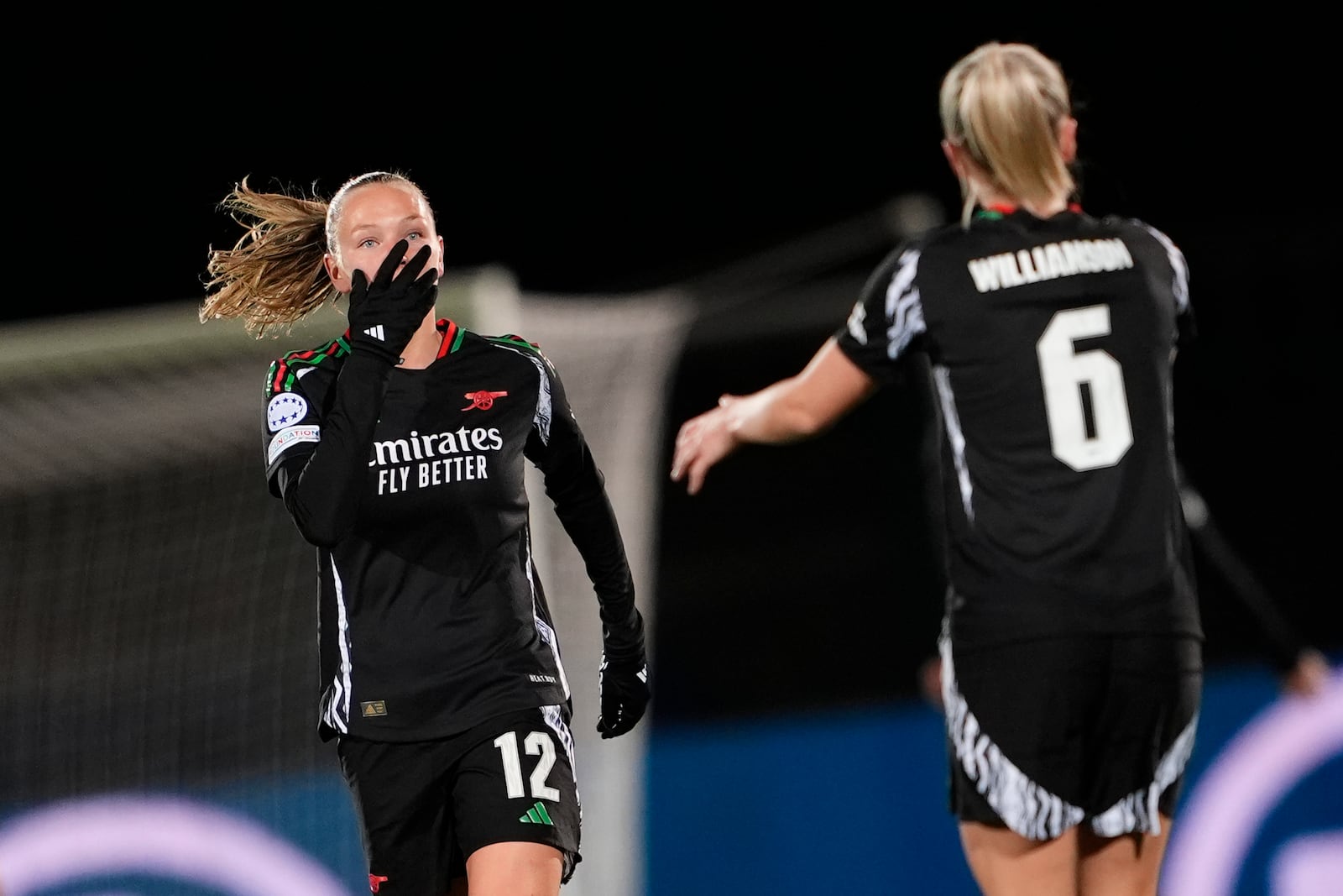 Arsenal's Frida Leonhardsen Maanum celebrates after scoring during the women's Champions League soccer match between Juventus and Arsenal at the Vittorio Pozzo La Marmora Stadium in Biella, Italy, Tuesday, Nov. 12, 2024. (Fabio Ferrari/LaPresse via AP)