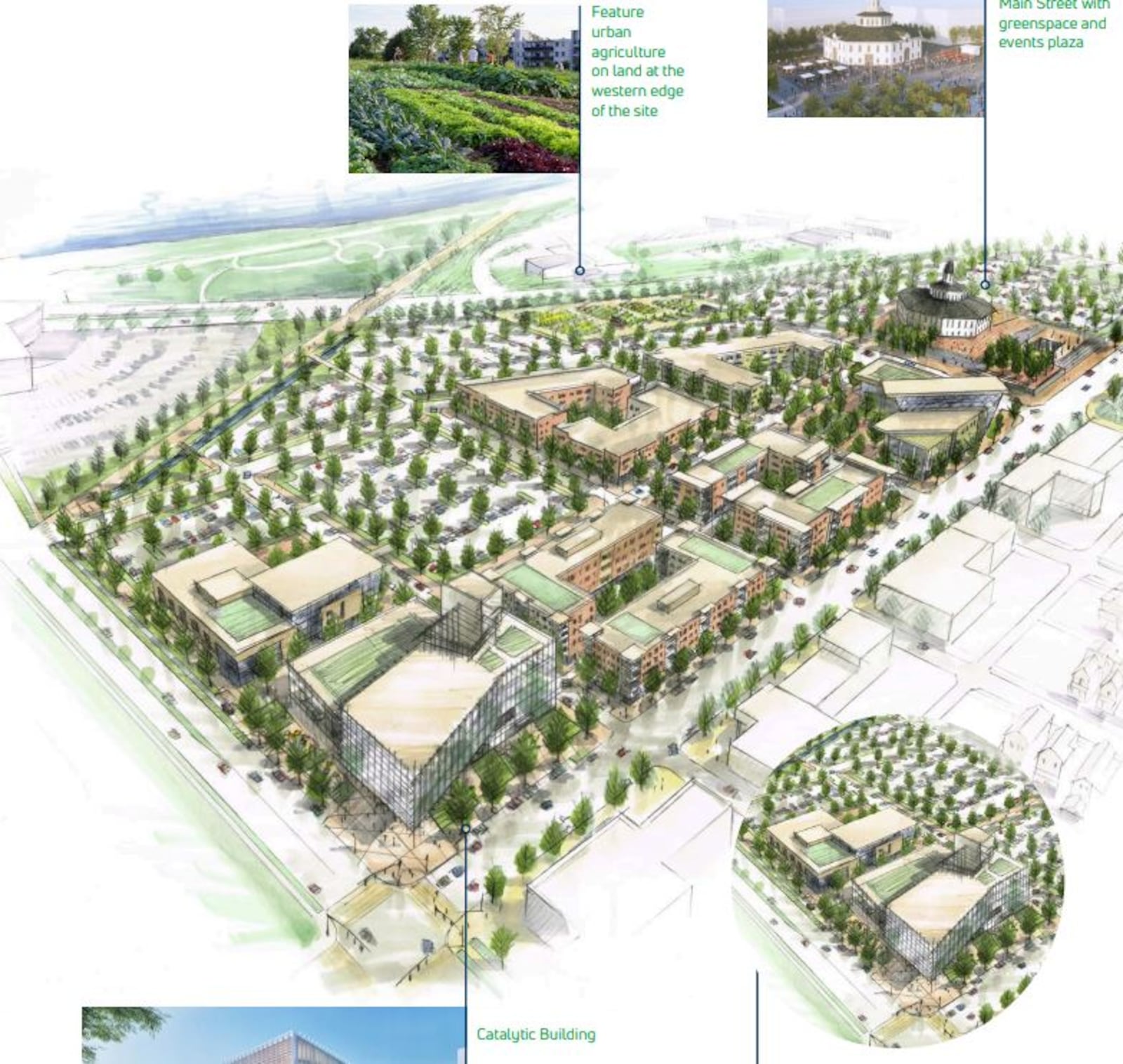 The first phase of onMain will start at Stewart and Main streets and work inward. A rendering shows what the initial neighborhood could look like. CONTRIBUTED