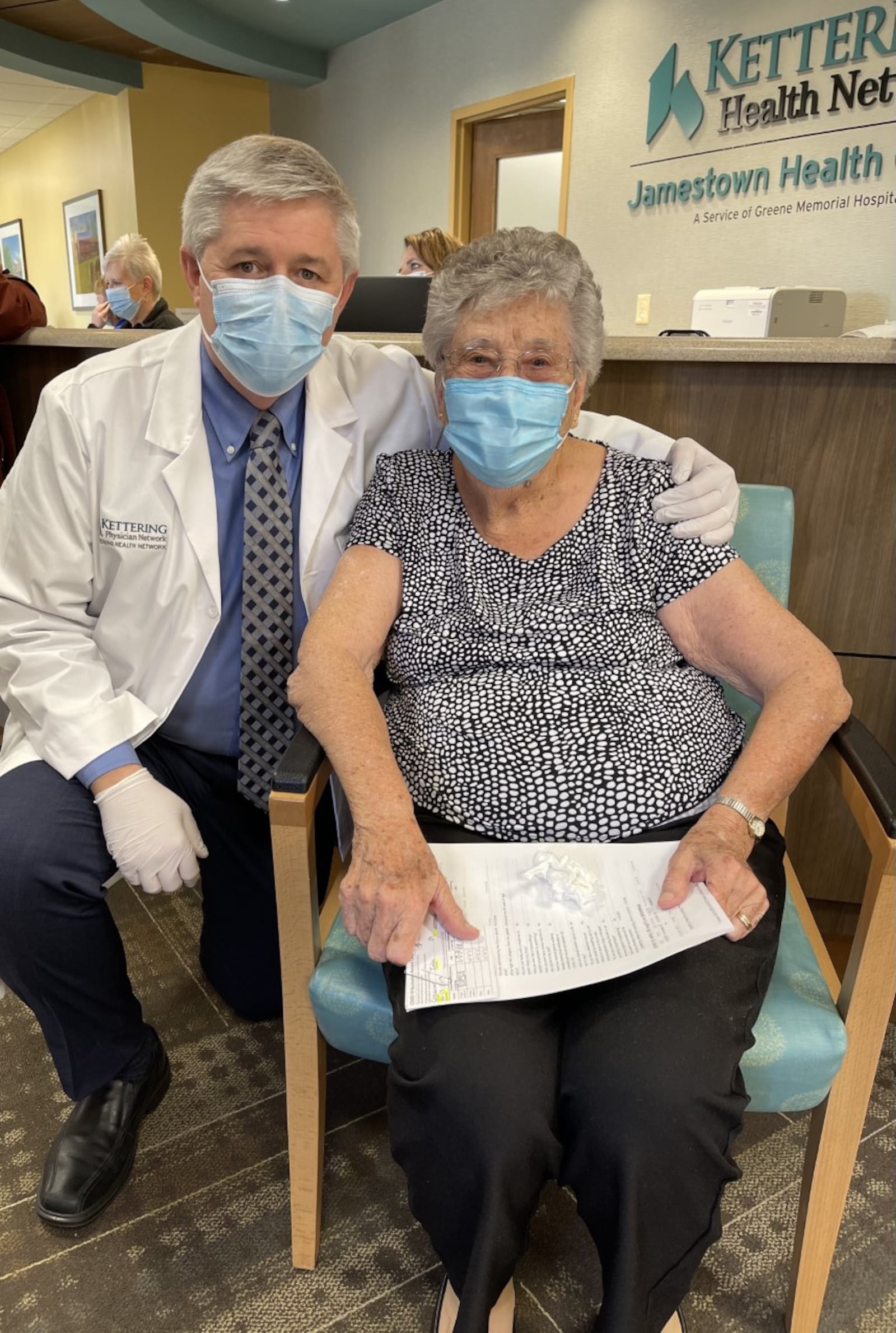 Iola Creamer, 101, received the coronavirus vaccine at Jamestown Health Center live during Gov. Mike DeWine's COVID-19 press conference on Tuesday, Jan. 19, 2021. Dr. Kevin Sharrett of Kettering Health administered the shot.