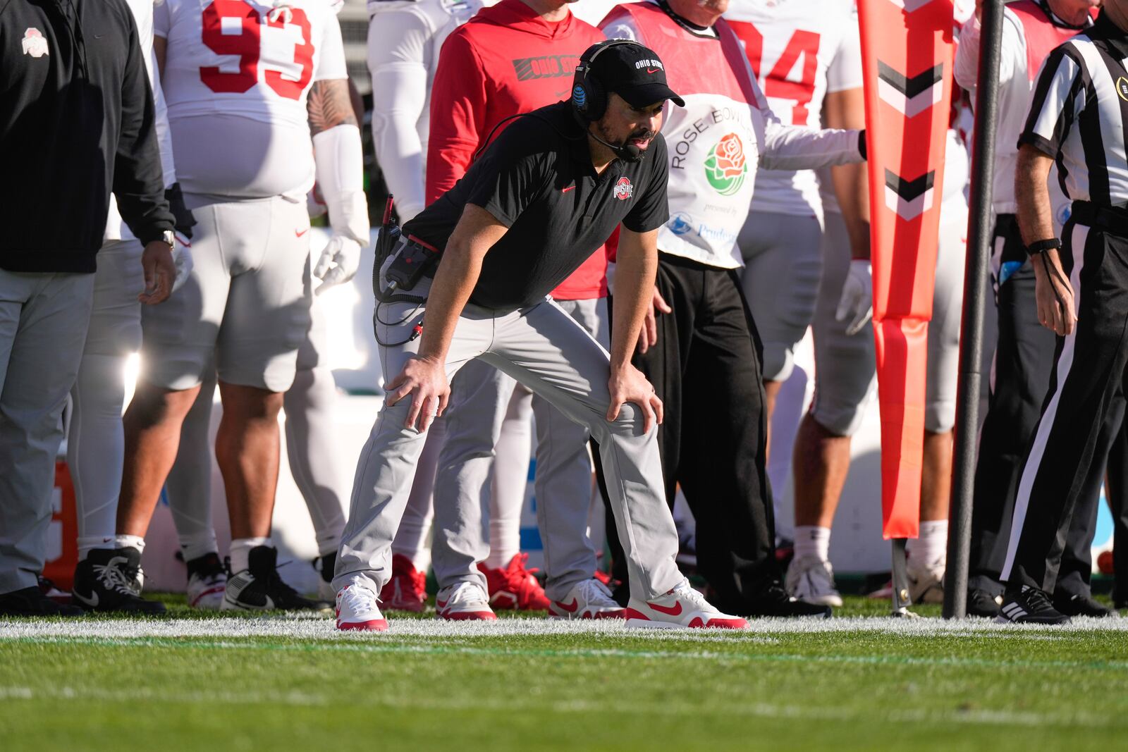 Ohio State head coach Ryan Day watches during the first half in the quarterfinals of the Rose Bowl College Football Playoff against Oregon, Wednesday, Jan. 1, 2025, in Pasadena, Calif. (AP Photo/Mark J. Terrill)