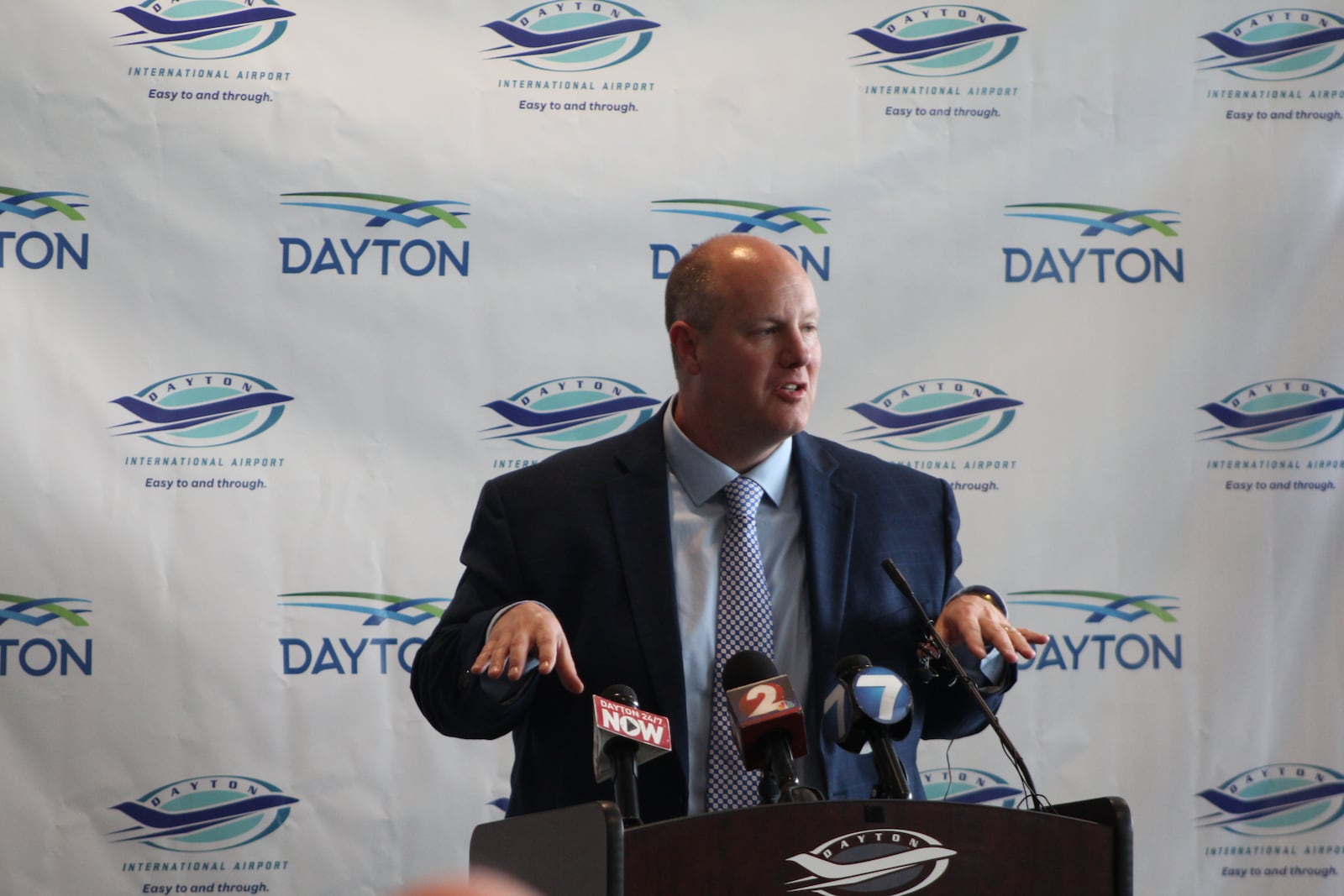 Chris Kershner, CEO and president of the Dayton Area Chamber of Commerce, speaks at a press conference last fall announcing that Avelo Airlines was starting a new service out of Dayton to Orlando, Florida. CORNELIUS FROLIK / STAFF