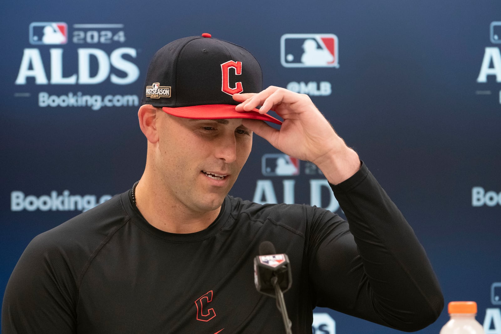 Cleveland Guardians starting pitcher Matthew Boyd speaks during a news conference before a baseball workout in Cleveland, Friday, Oct. 11, 2024, in preparation for Saturday's Game 5 of the American League Division Series against the Detroit Tigers. (AP Photo/Phil Long)