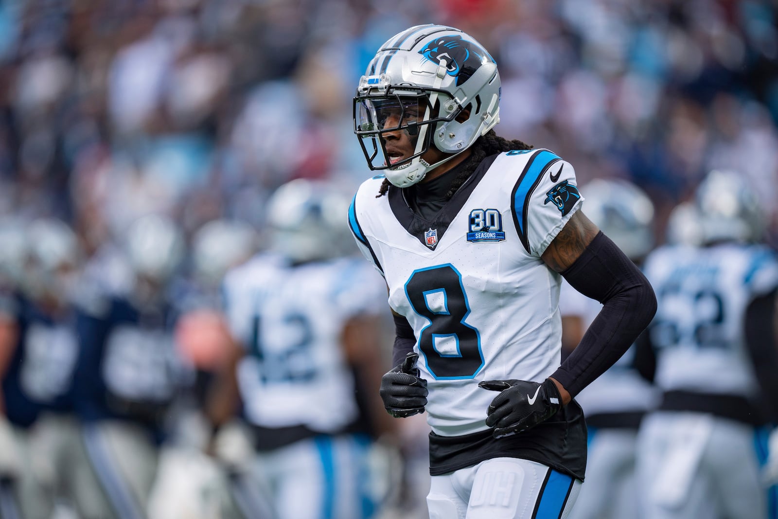 FILE - Carolina Panthers cornerback Jaycee Horn (8) plays during an NFL football game between the Carolina Panthers and the Dallas Cowboys on Dec. 15, 2024, in Charlotte, N.C. (AP Photo/Jacob Kupferman, file)