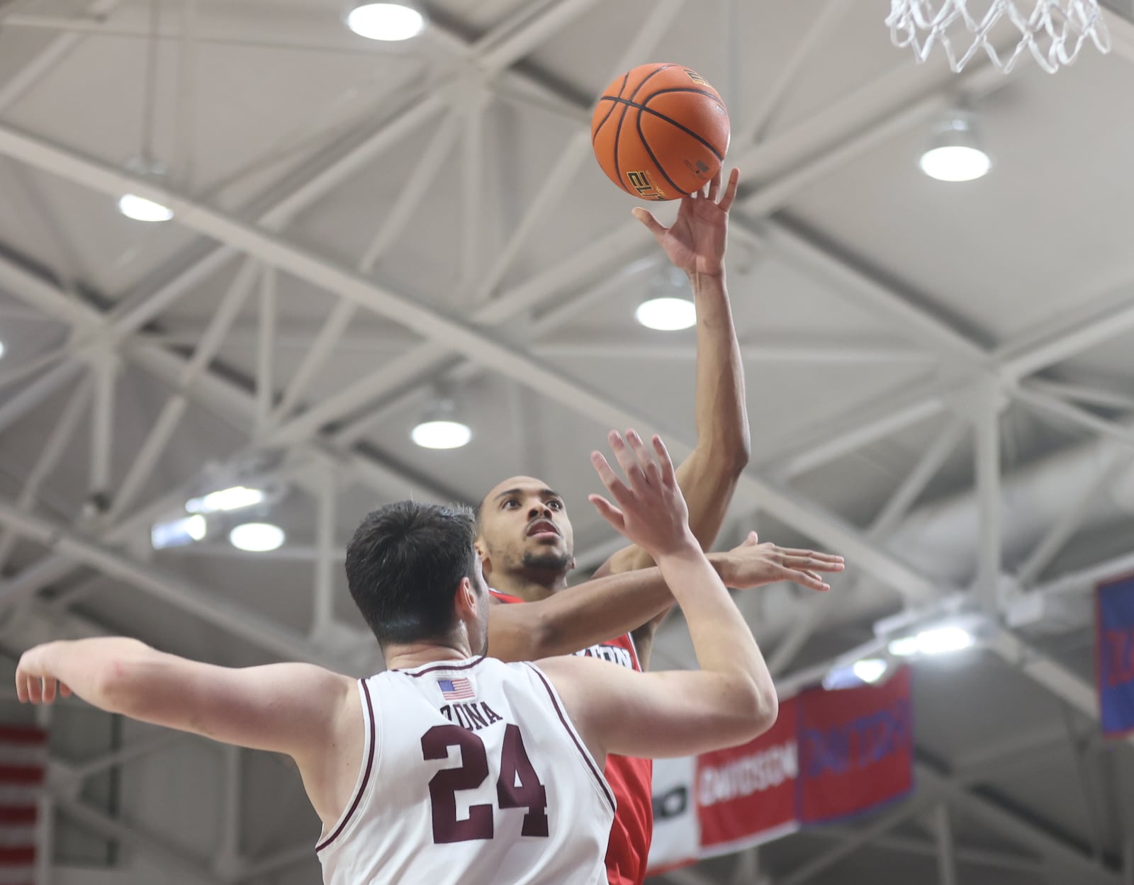 Dayton's Zed Key scores in the second half against Fordham on Wednesday, Feb. 12, 2025, at Rose Hill Gym in Bronx, N.Y. David Jablonski/Staff