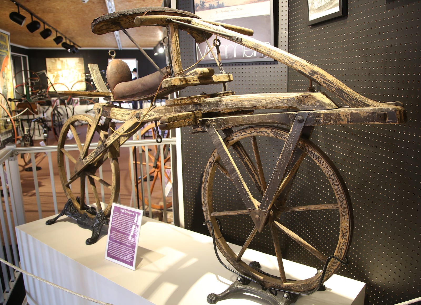 An 1816 draisenne, the first true bicycle, was a two-wheeled, steerable, human propelled machine. Threre is one on display at The Bicycle Museum of American in New Bremen. LISA POWELL / STAFF