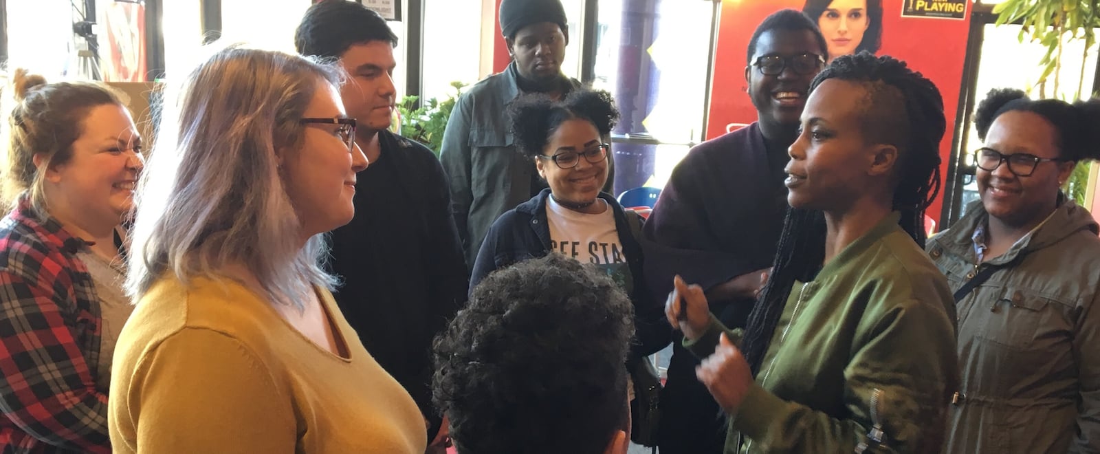 Hannah Beachler (second from right) talks with Wright State students in the lobby of The Neon movie theater in downtown Dayton

Submitted photo.