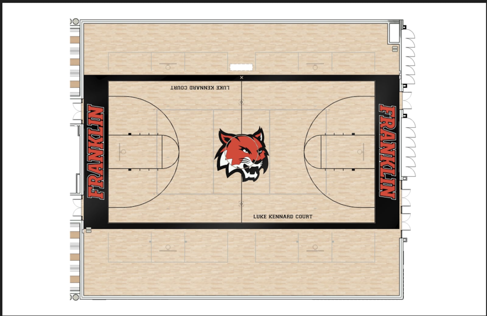 This is a rendering of the markings for the Luke Kennard Court at the new Franklin High School gymnasium. The Franklin School Board approved naming the court after the 2015 graduate who now plays in the NBA. In 2022, the school retired his jersey number. CONTRIBUTED/FRANKLIN CITY SCHOOLS