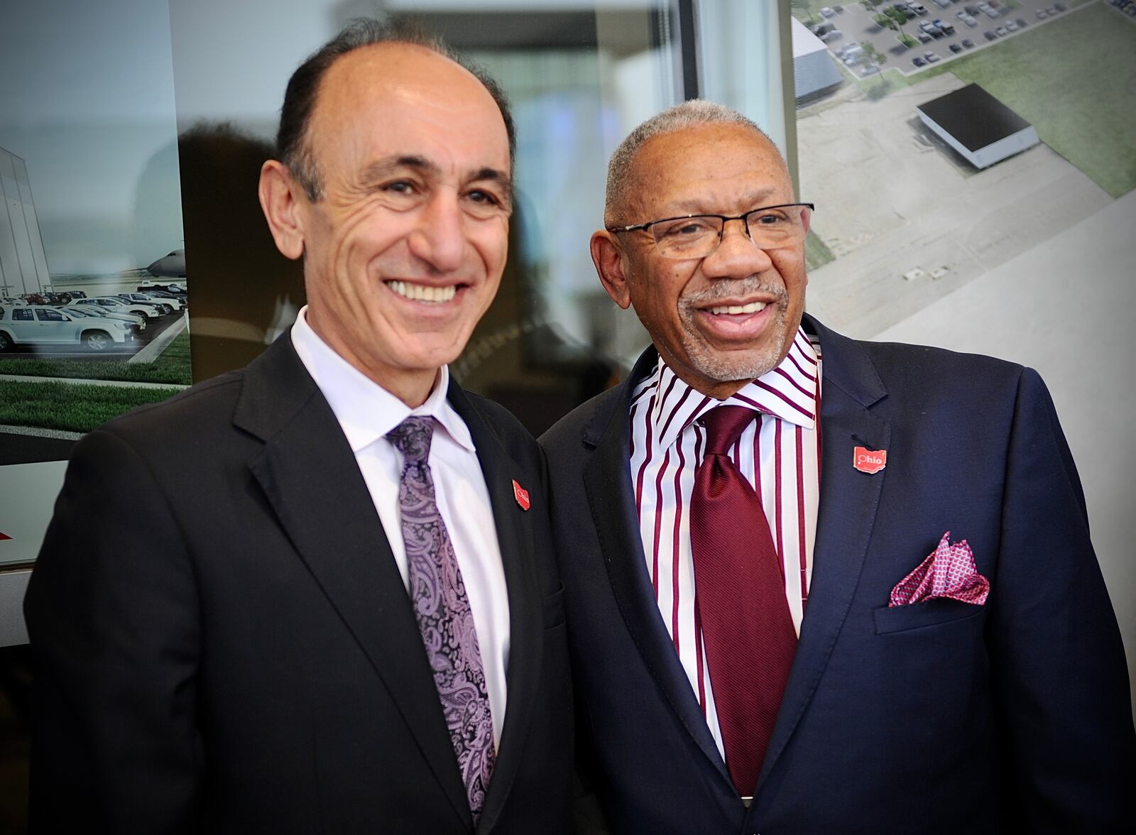 Fatih Ozmen, CEO of Sierra Nevada Corp, left, and the mayor of Dayton Jeffrey Mims, Jr. Wednesday February 2, 2022 at the Groundbreaking ceremony of the Sierra Nevada’s new aviation modification facility at Dayton international airport. MARSHALL GORBY \STAFF