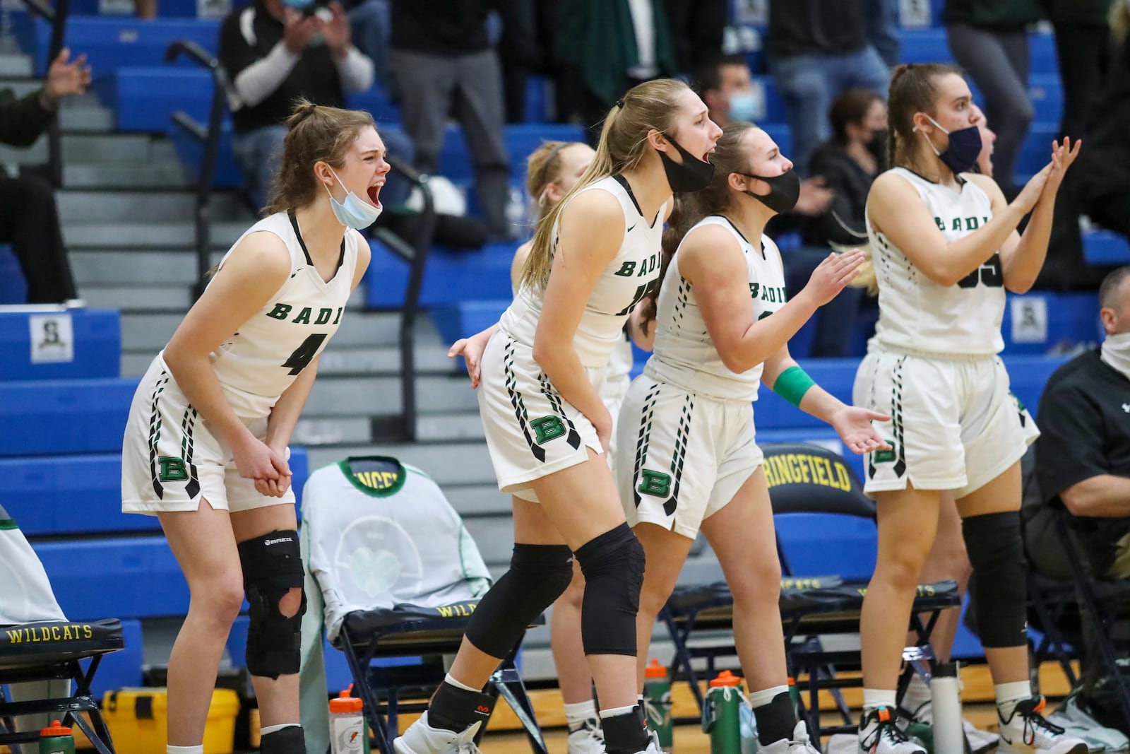 Players on the Badin bench celebrate during a Division II regional semifinal vs. Columbus Bishop Hartley at Springfield High School on March 2, 2021Michael Cooper/CONTRIBUTED