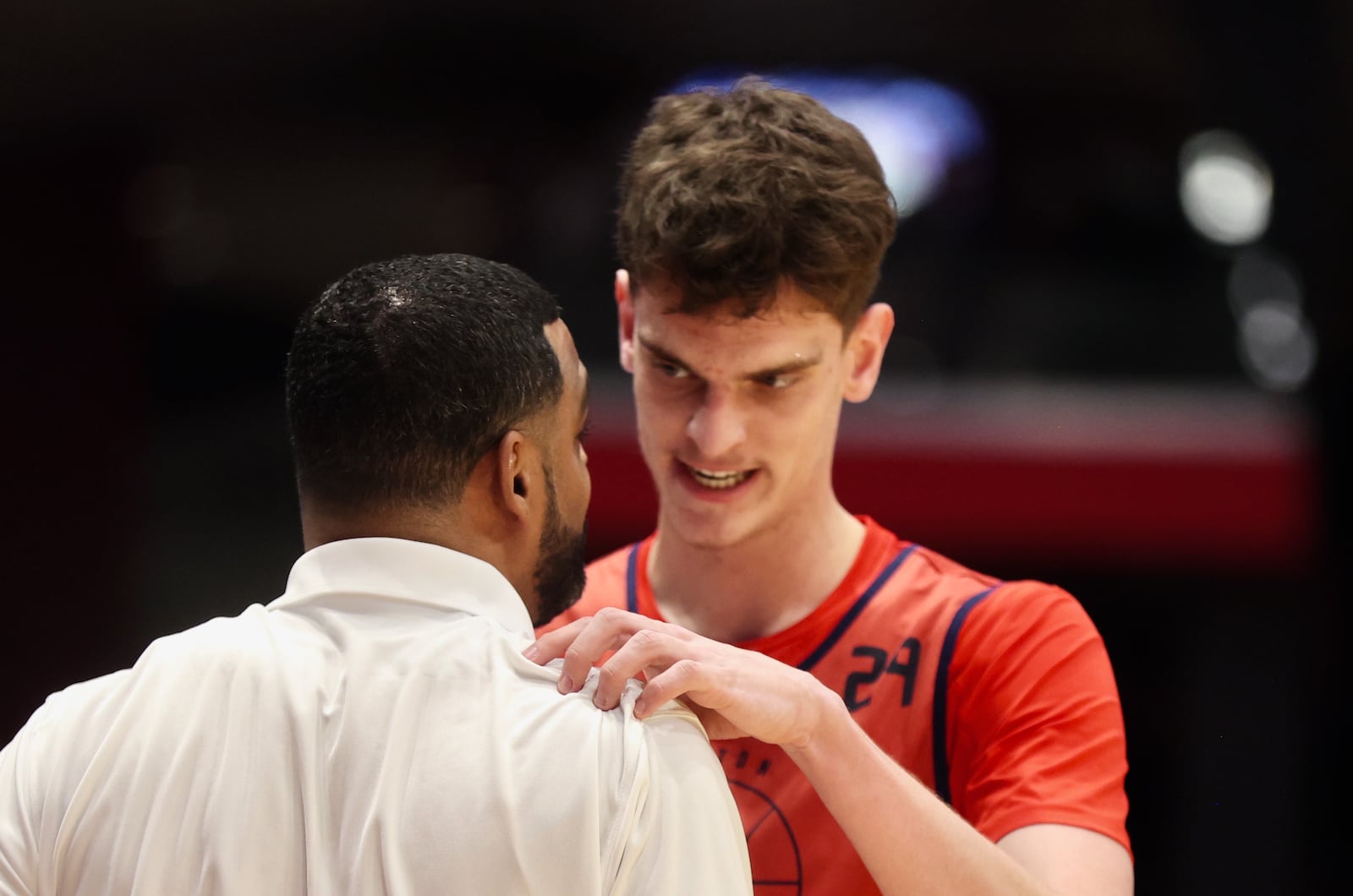 DaytonAmaël L'Etang talks to Ricardo Greer during an exhibition game against Xavier on Sunday, Oct. 20, 2024, at UD Arena. David Jablonski/Staff