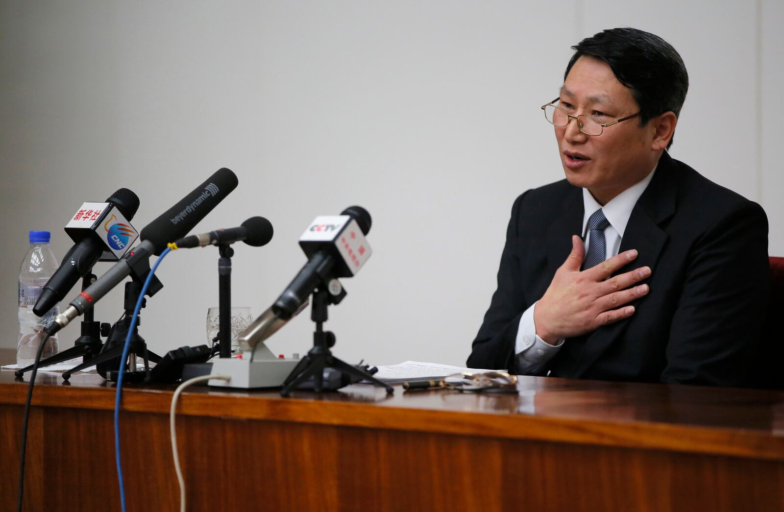 FILE - Kim Jung Wook, a South Korean Baptist missionary, speaks during a news conference in Pyongyang, North Korea, Feb. 27, 2014. (AP Photo/Vincent Yu, File)