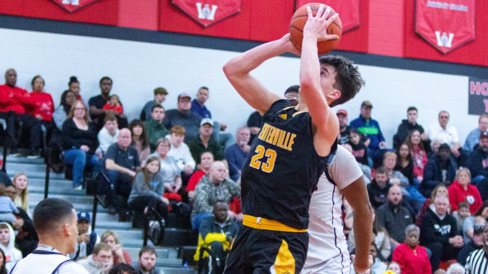 Centerville's Collin O'Connor shoots during Friday night's game at Wayne. O'Connor scored 15 points in the Elks' 48-43 win. CONTRIBUTED/Jeff Gilbert