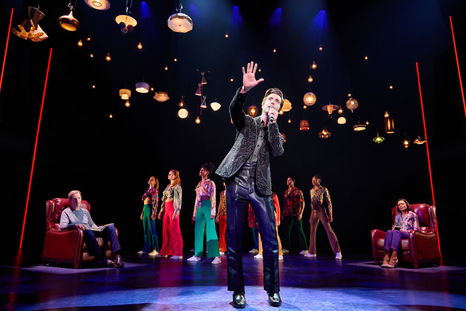 Nick Fradiani as Neil - Then (center), Robert Westenberg as Neil - Now (left), Lisa Reneé Pitts as Doctor, and The Noise in "A Beautiful Noise: The Neil Diamond Musical." Photo credit: Jeremy Daniel