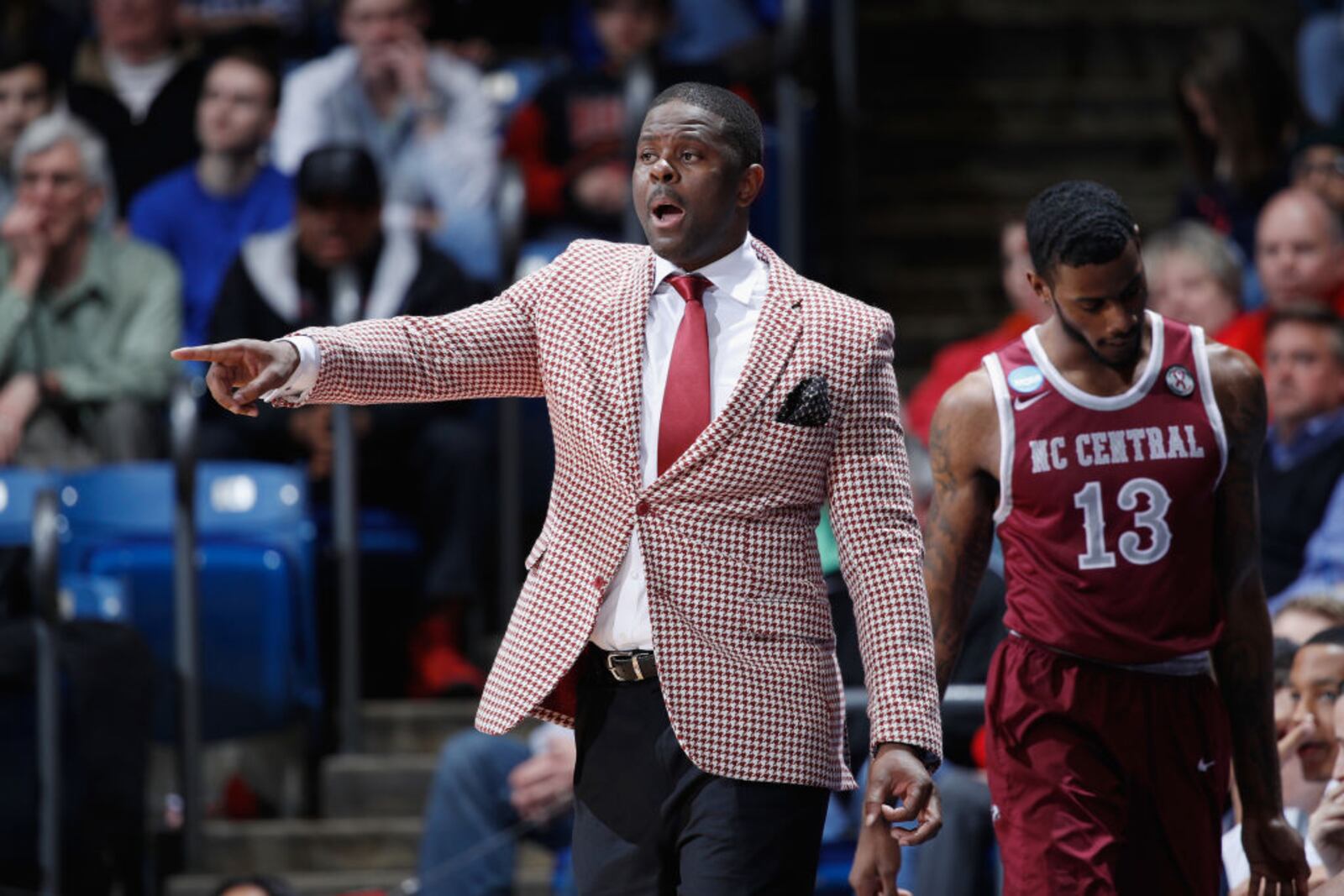 DAYTON, OH - MARCH 15:  Head coach LeVelle Moton of the North Carolina Central Eagles reacts in the second half against the UC Davis Aggies during the First Four game in the 2017 NCAA Men's Basketball Tournament at UD Arena on March 15, 2017 in Dayton, Ohio.  (Photo by Joe Robbins/Getty Images)