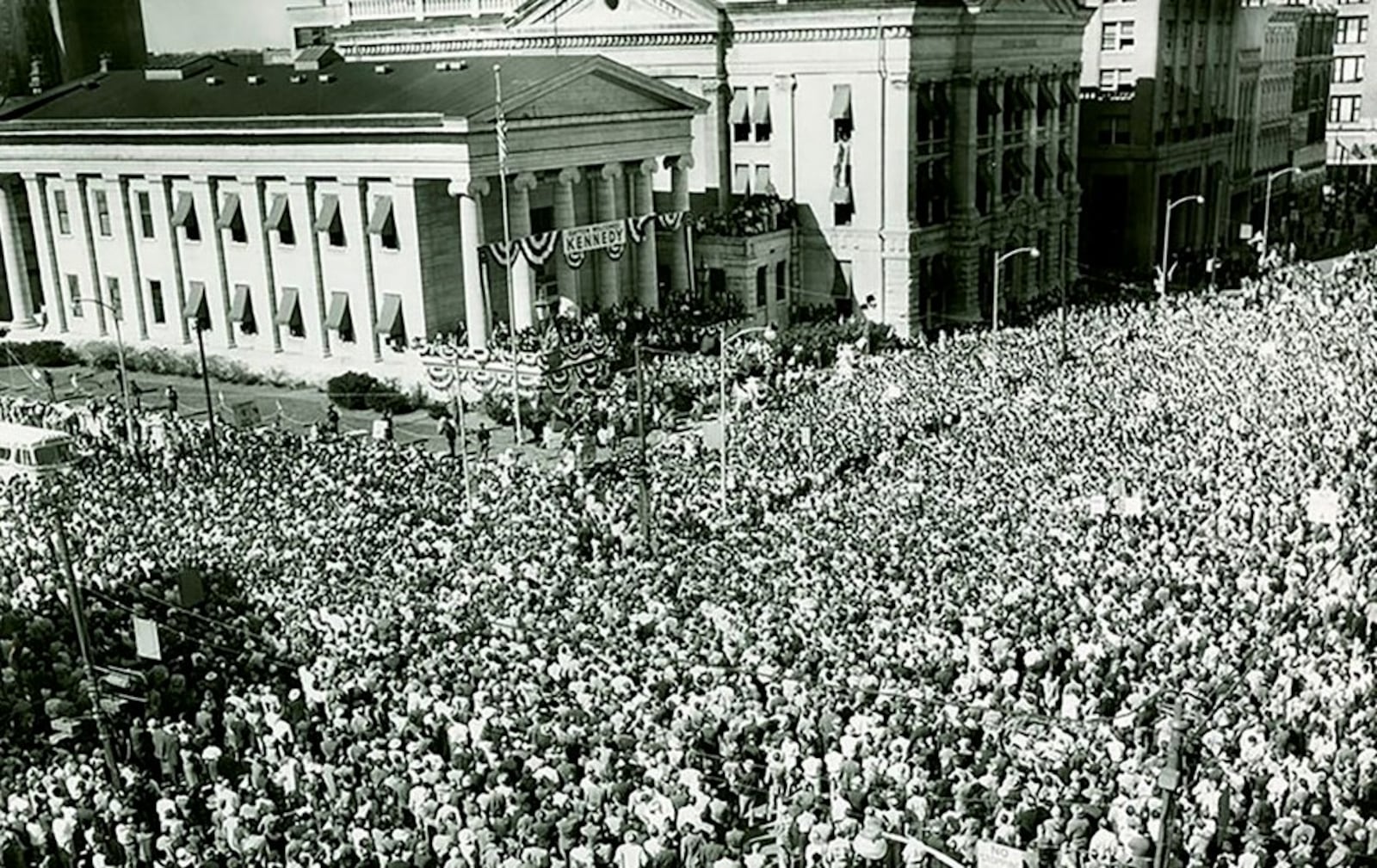 A crowd gathers around the Old Courthouse in downtown Dayton to hear John F. Kennedy speak Oct. 18, 1960. DAYTON DAILY NEWS ARCHIVE