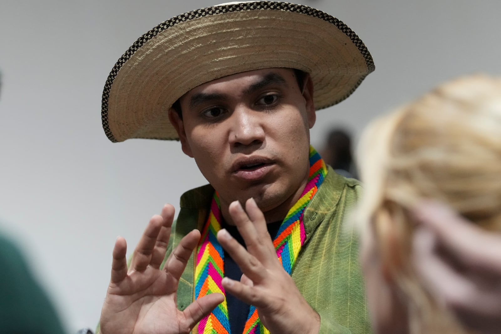 Panama Climate Envoy Juan Carlos Monterrey Gomez speaks to members of the media during the COP29 U.N. Climate Summit, Saturday, Nov. 23, 2024, in Baku, Azerbaijan. (AP Photo/Sergei Grits)