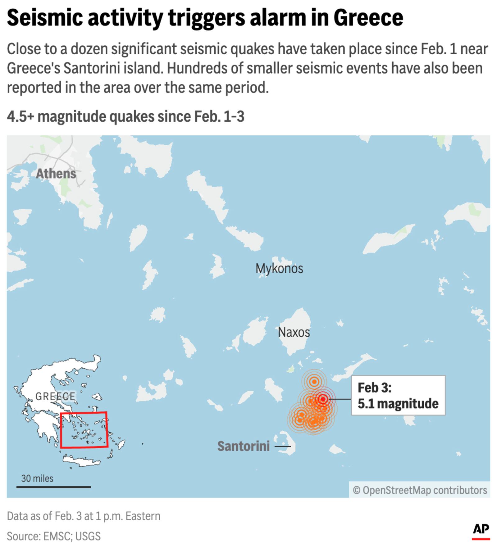 The map above shows significant seismic activity near Santorini, Greece from Feb. 1-3. (AP Digital Embed)