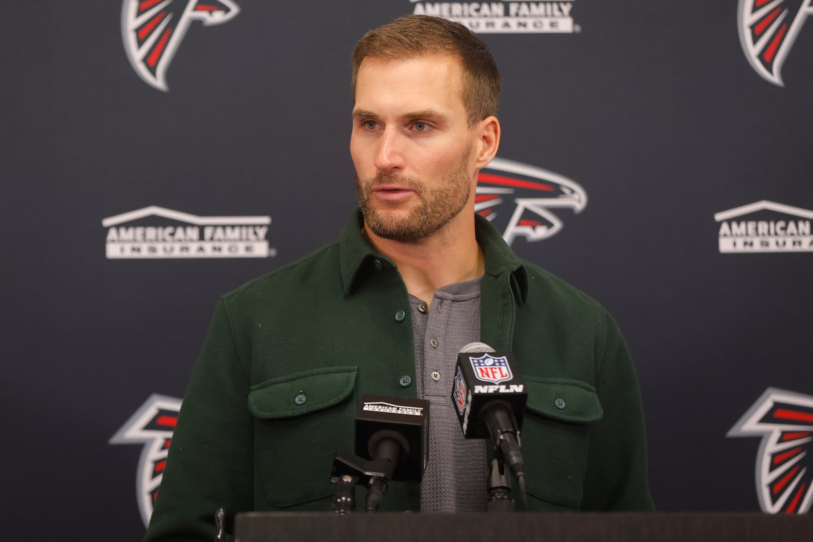 Atlanta Falcons quarterback Kirk Cousins speaks during a news conference after the 42-21 loss to the Minnesota Vikings of an NFL football game, Sunday, Dec. 8, 2024, in Minneapolis. (AP Photo/Bruce Kluckhohn