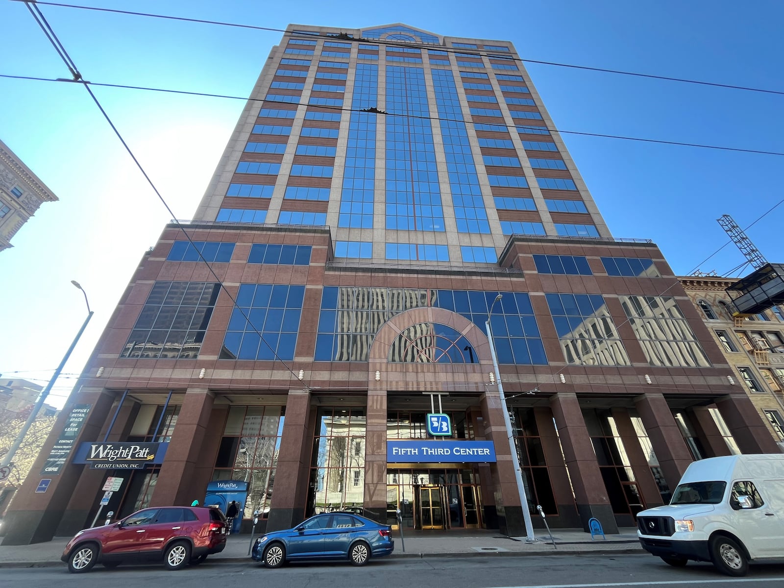 Fifth Third Center at West Third Street and Main Street in downtown Dayton. A walkway connecting Fifth Third Center to a parking garage west of the property is temporarily closed for construction. CORNELIUS FROLIK / STAFF