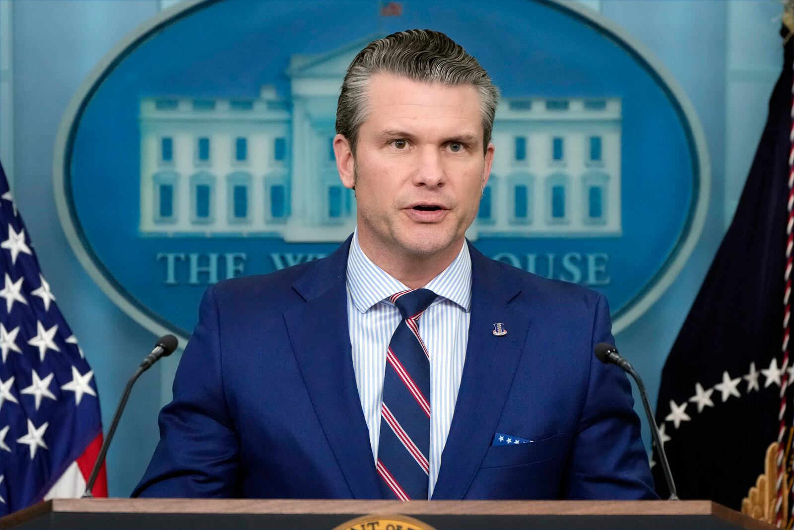 Defense Secretary Pete Hegseth speaks in the James Brady Press Briefing Room at the White House, Thursday, Jan. 30, 2025, in Washington. (AP Photo/Alex Brandon)